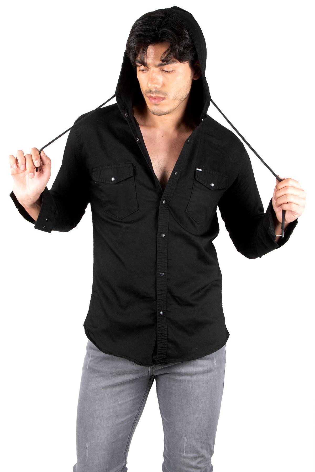 Rizz up Erkek Siyah Kapüşonlu Cepli Slim Fit Likralı Kot Gömlek 2300396