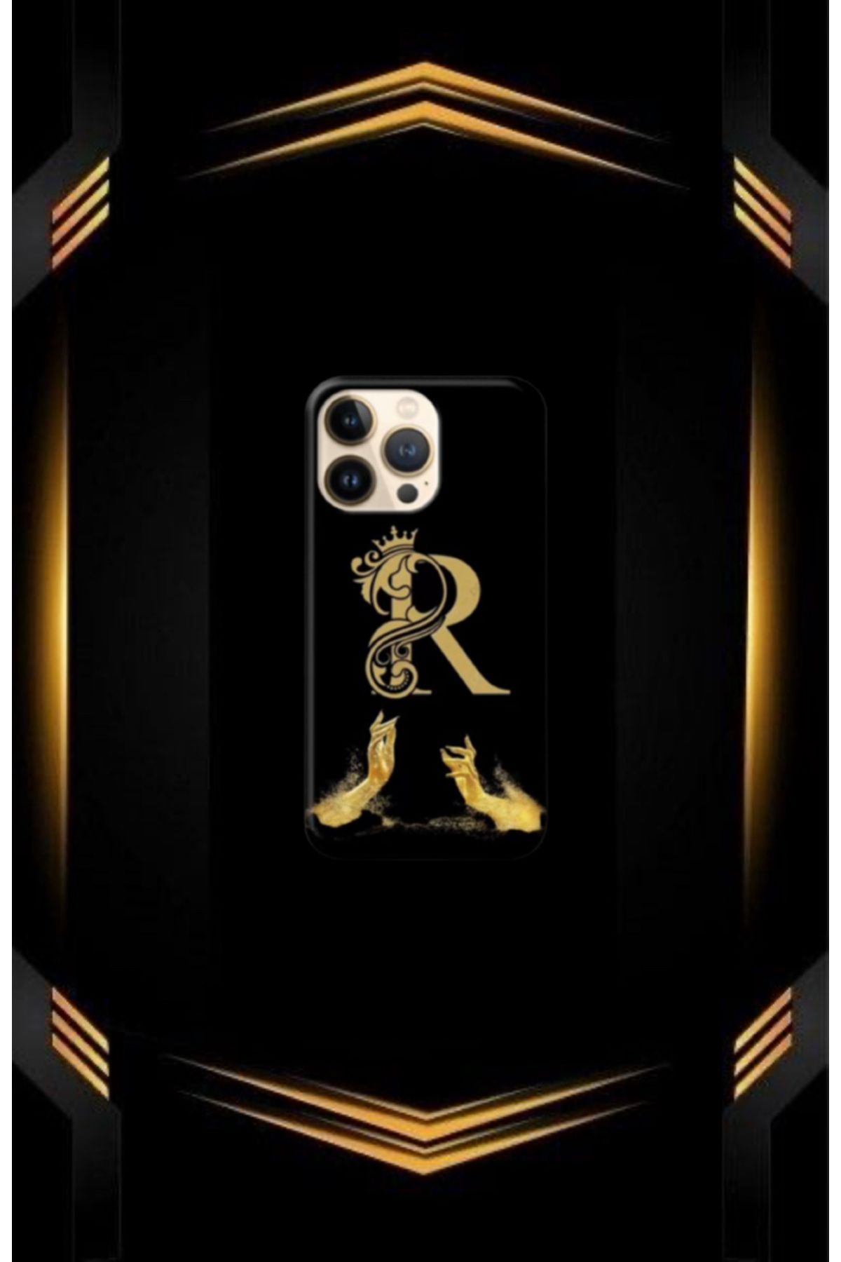 cover shopp Siyah Desenli Gold R Harfi IP 15 Pro