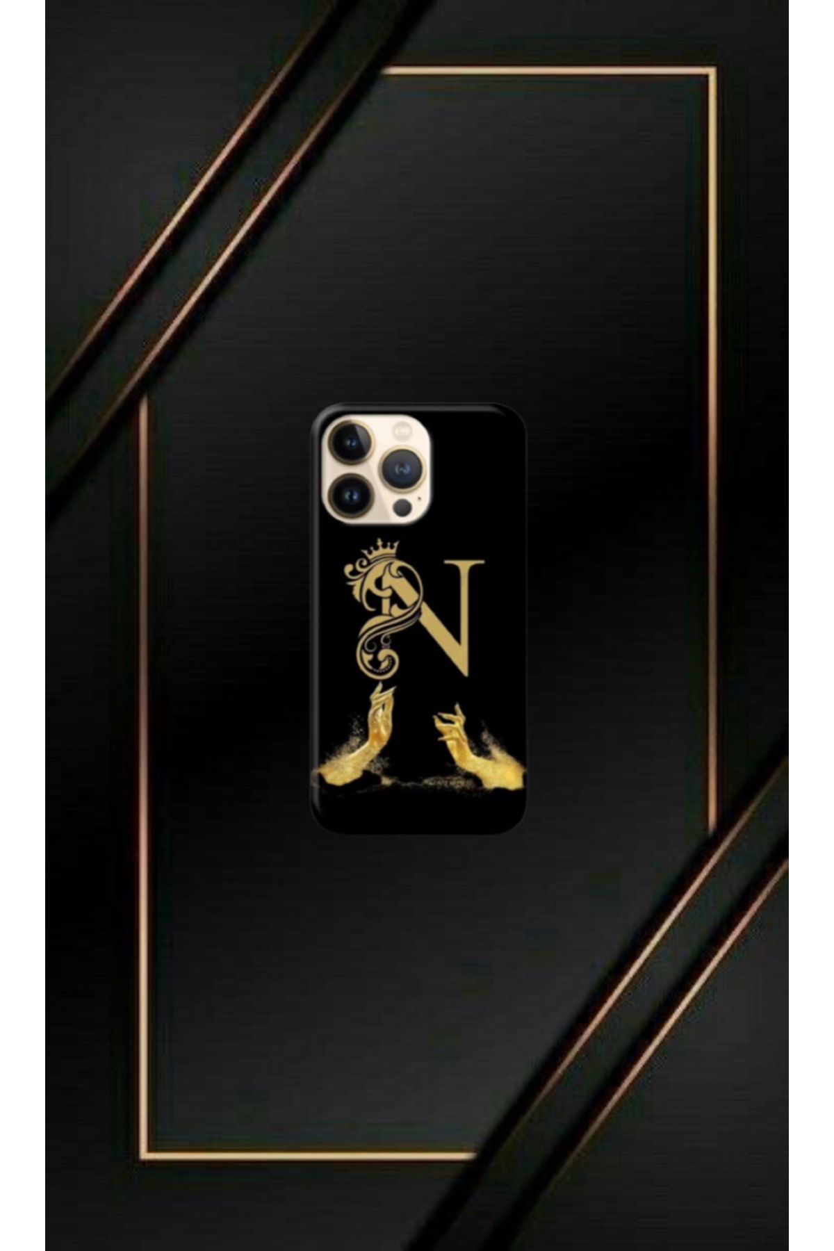 cover shopp Siyah Desenli Gold N Harfi 14 Pro Max