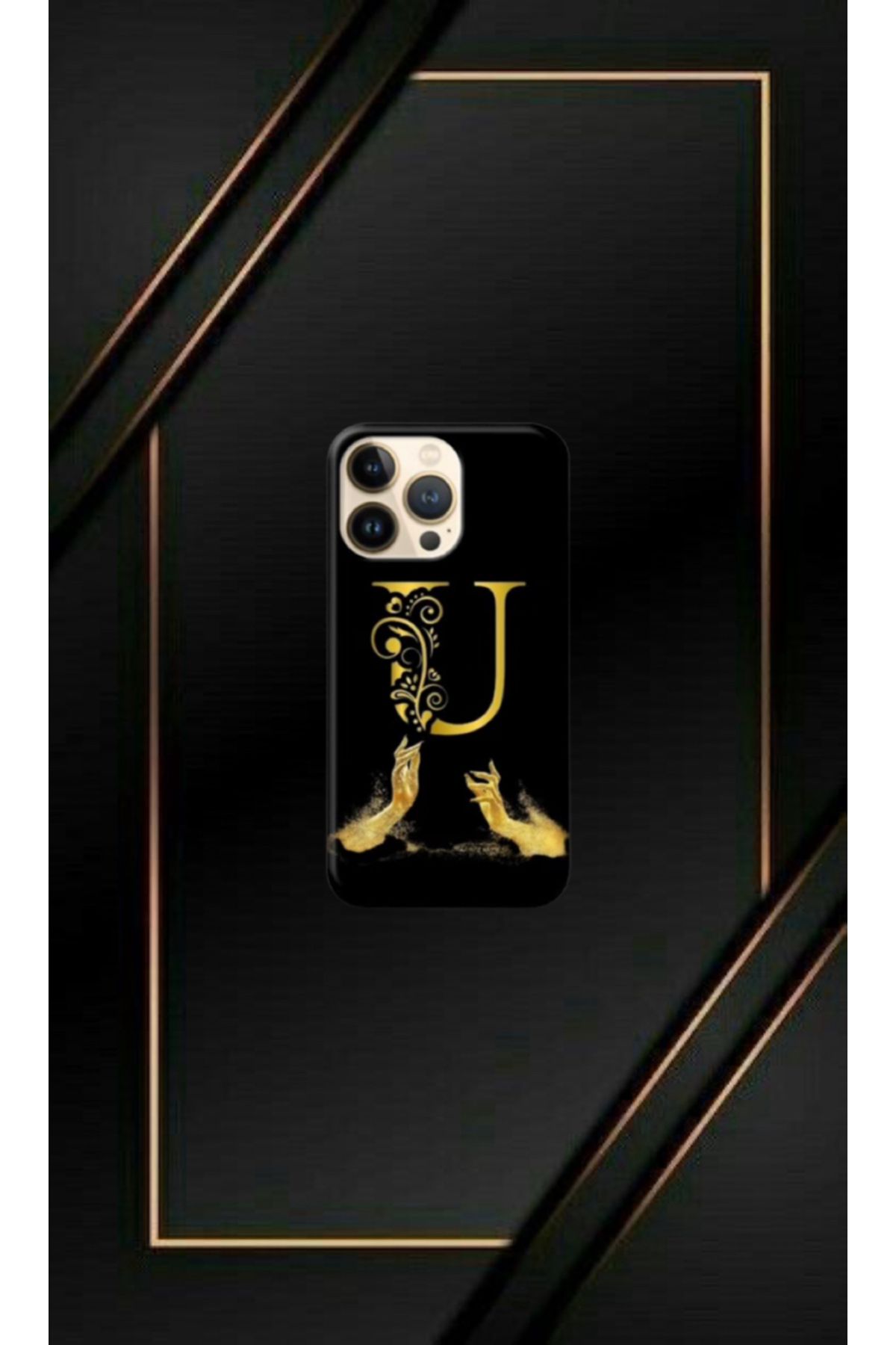 cover shopp Siyah Desenli Gold U Harfi IP 14 Pro