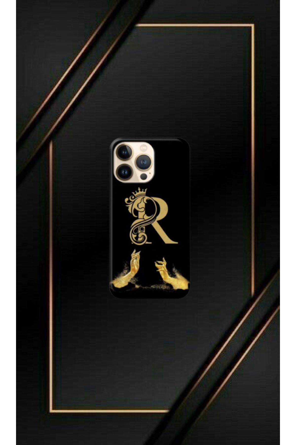 cover shopp Siyah Desenli Gold R Harfi 14 Pro Max