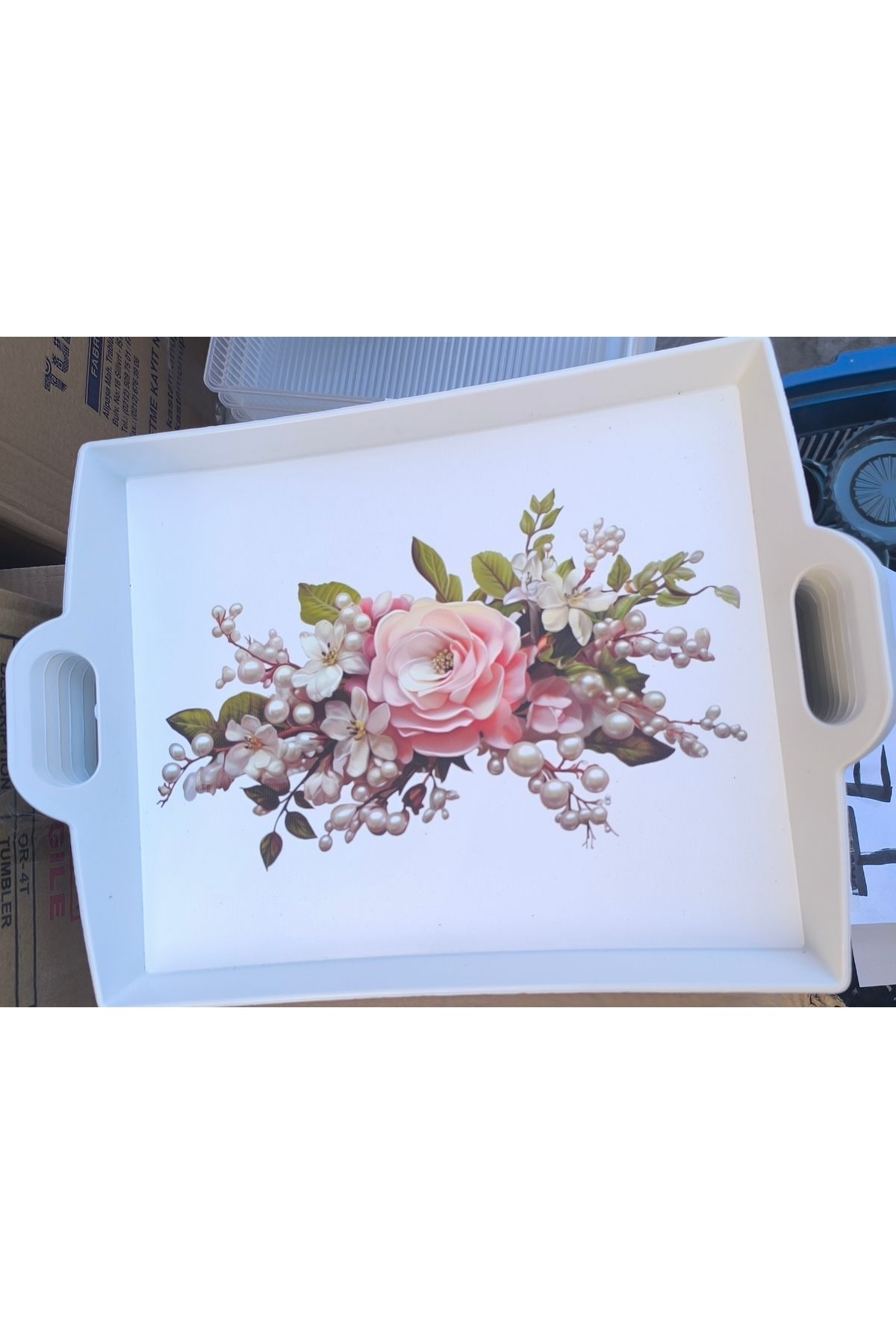 Home Çiçek Desenli Şık Dikdörtgen Kullanışlı Kulplu Tepsi 26 * 33 cm