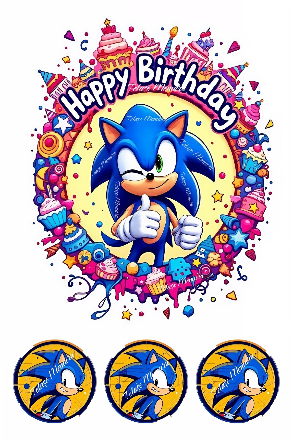 telaşe memuru Sonic Pasta Süsü - Yenilebilir Kağıt Pasta Baskısı Doğum Günü Süsleri Model 1