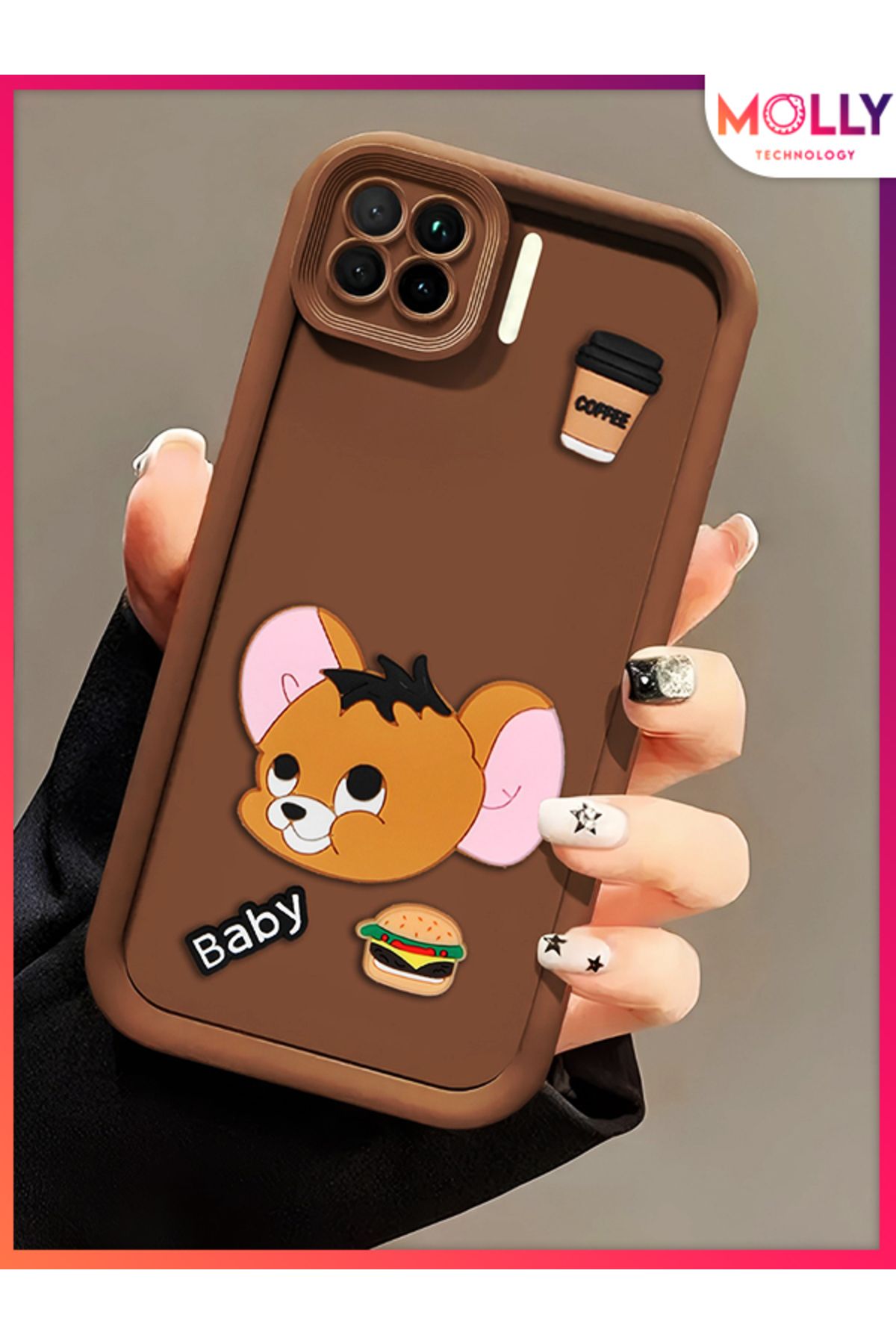Molly Oppo RENO 4 LİTE İçin Fallow Brown Kenarları Kalın 3d Kabartmalı Baby Jerry Silikon Kılıf