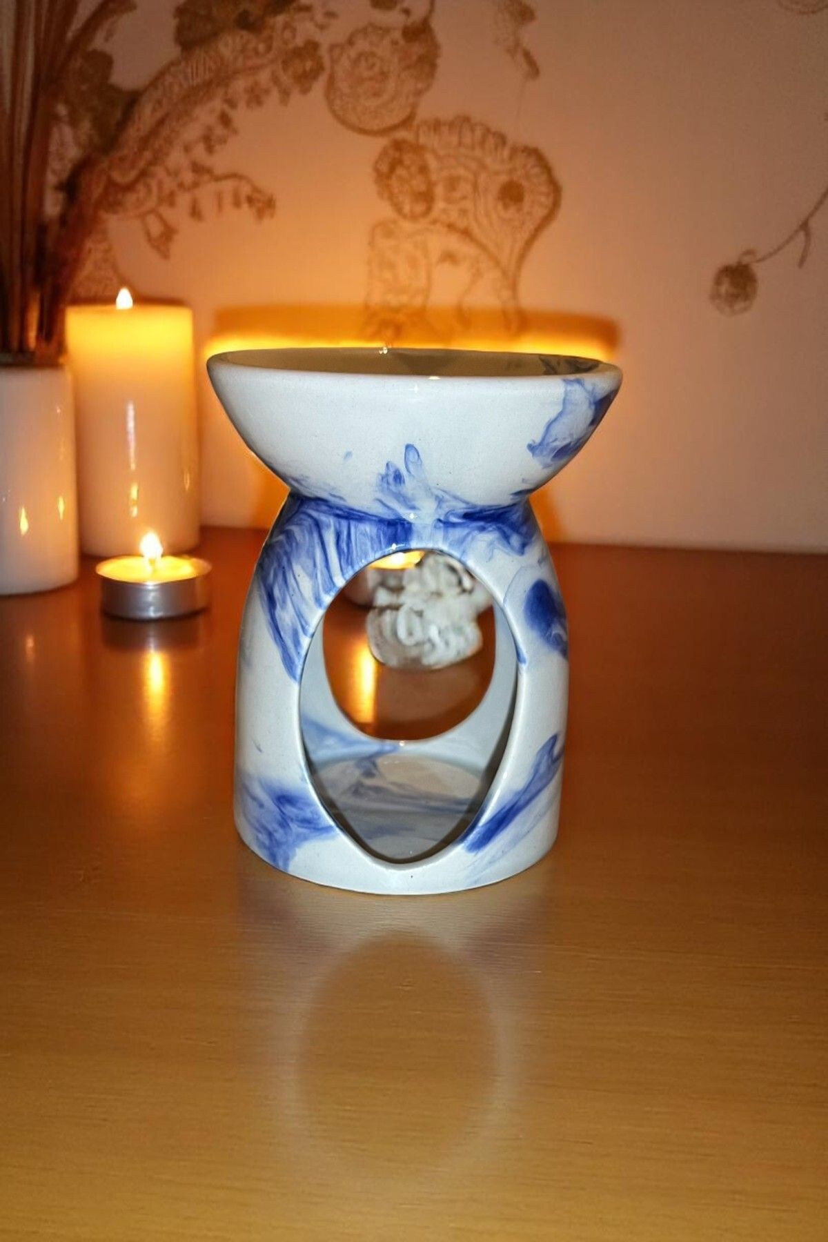 Giftorium Group Ebruli Desenli Mavi Beyaz El Yapımı Seramik Buhurdanlık