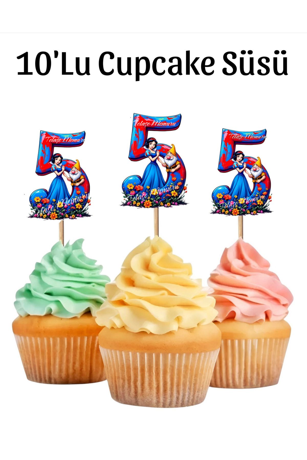 telaşe memuru Pamuk Prenses Temalı 5 (Beş) Yaşında Cupcake Süsü 10 'Lu