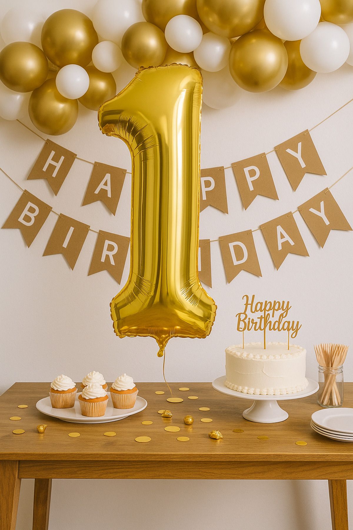 UVERTE 1 Rakam Gold Folyo Balon – 34 İnç İthal Altın Renk Doğum Günü ve Parti Balonu