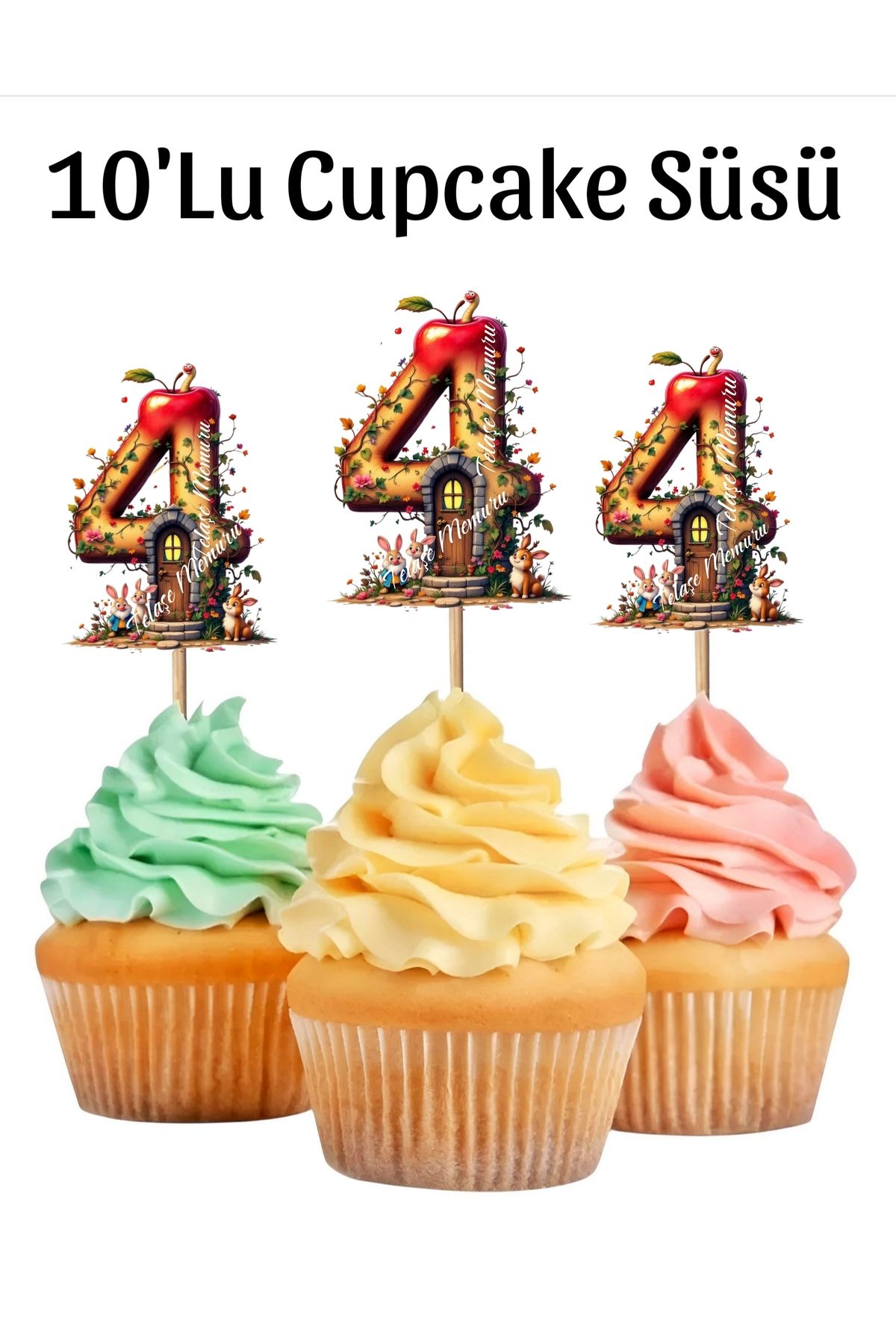 telaşe memuru Pamuk Prenses Temalı 4 (Dört) Yaşında Cupcake Süsü 10 'Lu