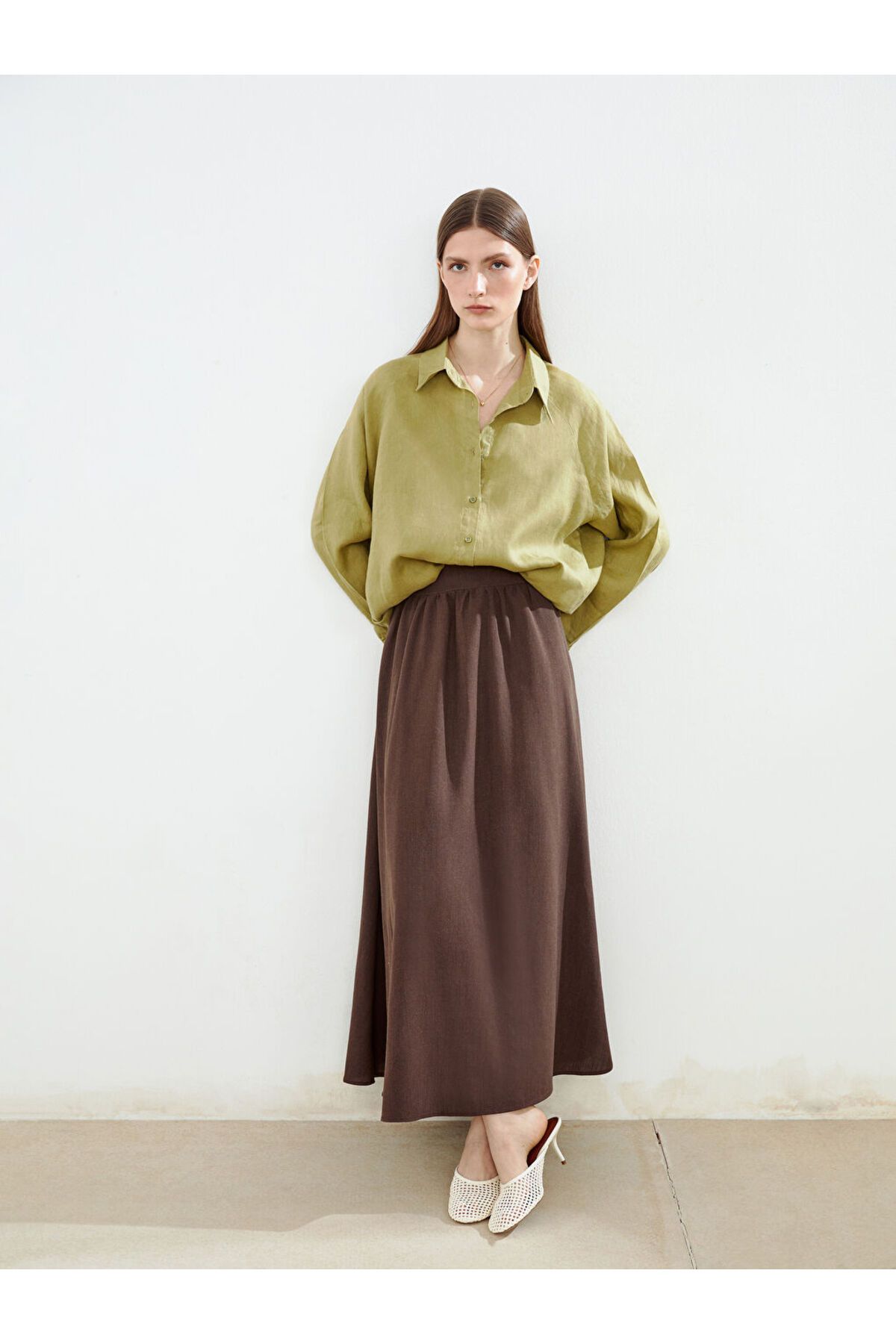 LC Waikiki LCW Modest Kahverengi Beli Lastikli Keten Karışımlı Kadın Etek S5ME87Z8NVY25
