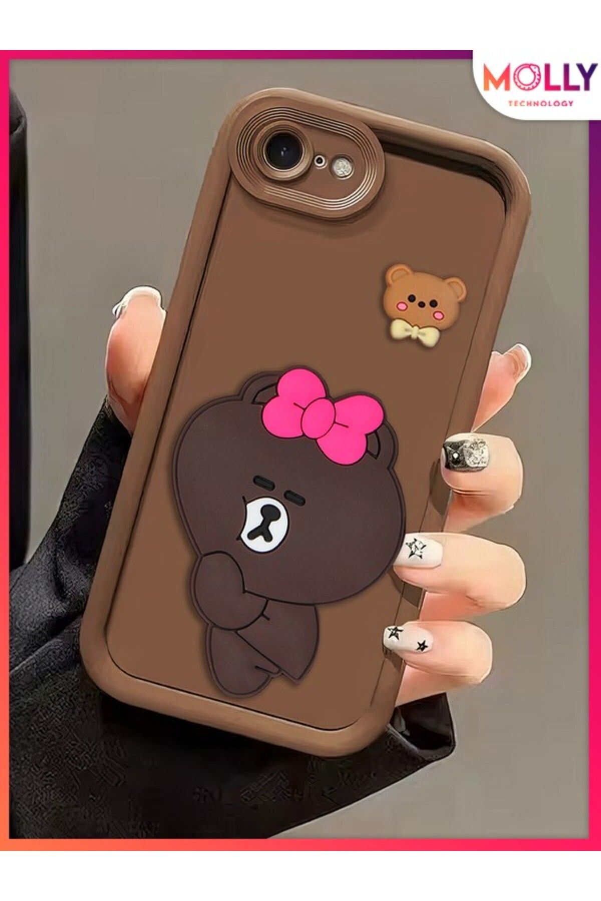 Molly iPhone 7 İçin Fallow Brown Kenarları Kalın 3d Kabartmalı Alice Bear Silikon Kılıf