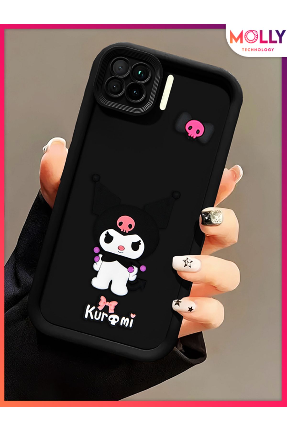 Molly Oppo RENO 4 LİTE İçin Siyah Kenarları Kalın 3d Kabartmalı Kawaii Kuromi Silikon Kılıf