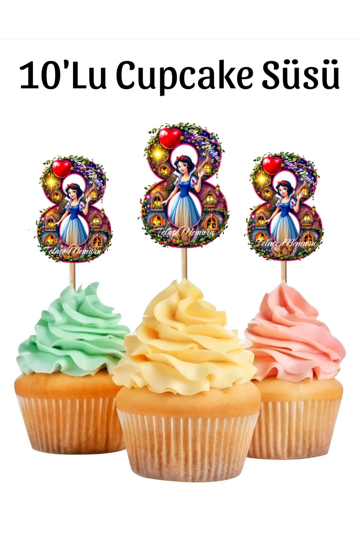 telaşe memuru Pamuk Prenses Temalı 8 (Sekiz) Yaşında Cupcake Süsü 10 'Lu