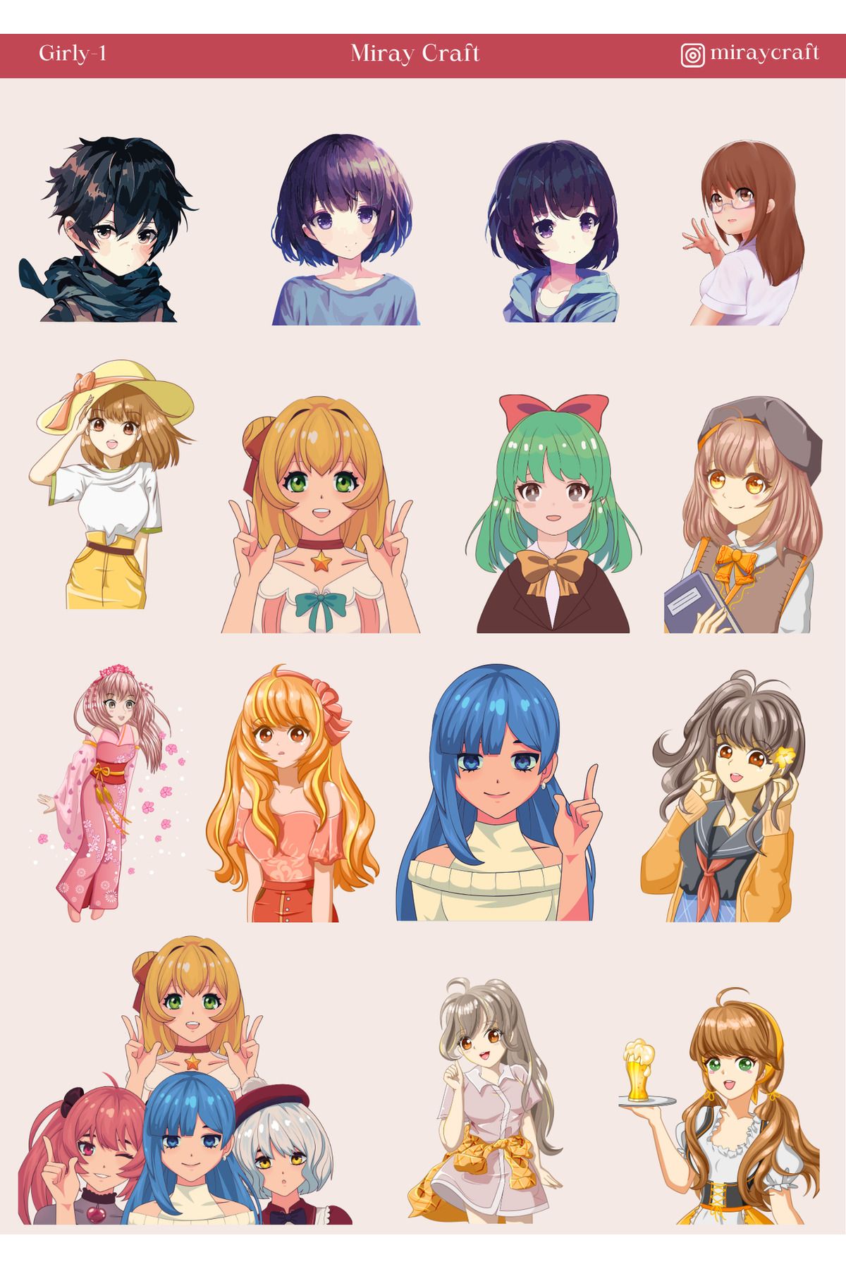 MirayDesign 1 Adet Girl Temalı Anime İllüstrasyon Sticker (12x17 cm) Bullet Journal, Scrapbook, Ajanda vs.