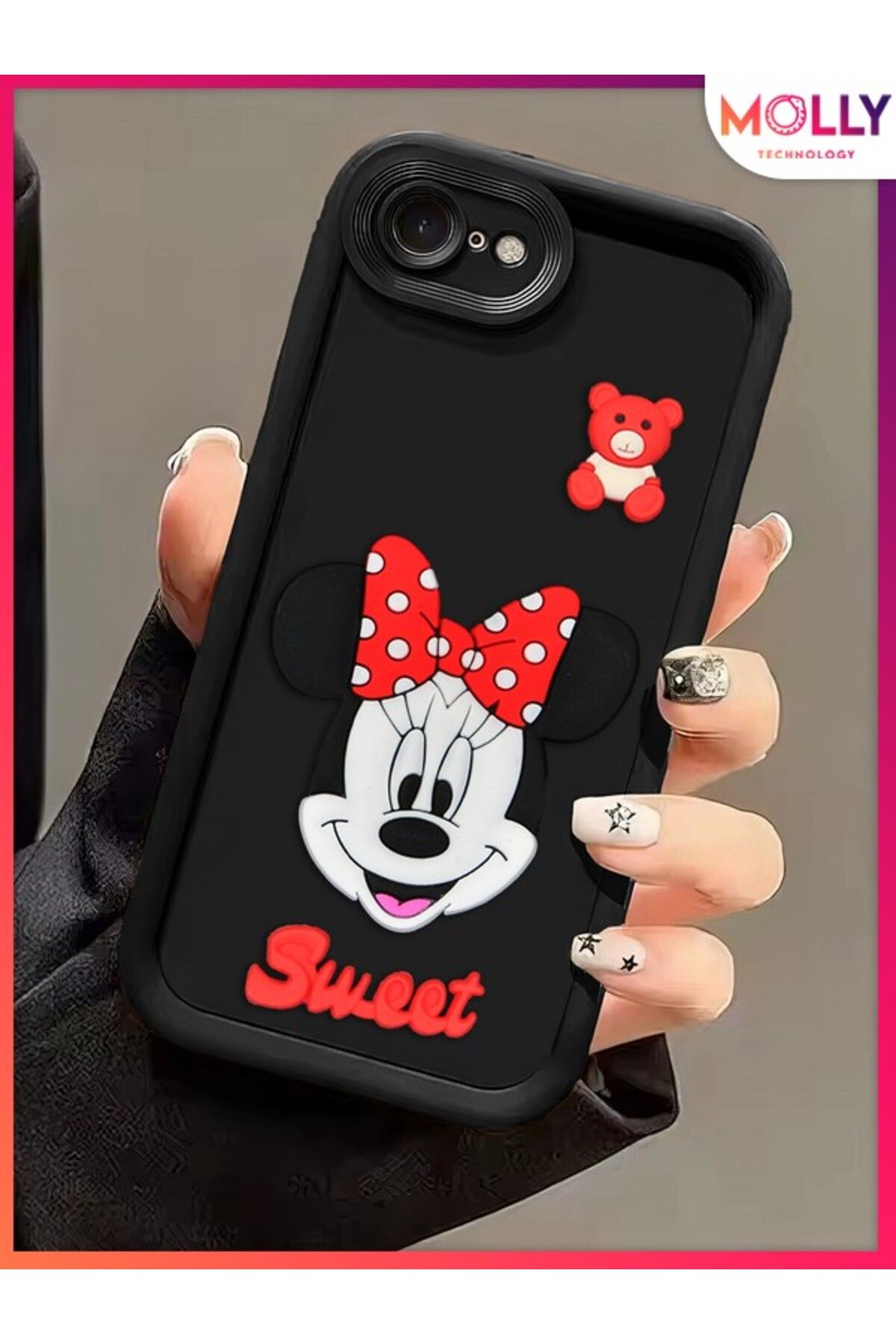 Molly iPhone 7 İçin Siyah Kenarları Kalın 3d Kabartmalı Sevimli Minnie Silikon Kılıf