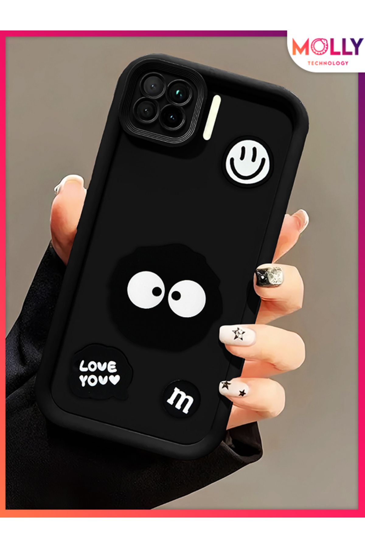 Molly Oppo RENO 4 LİTE İçin Siyah Kenarları Kalın 3d Kabartmalı Cute Doodle Silikon Kılıf