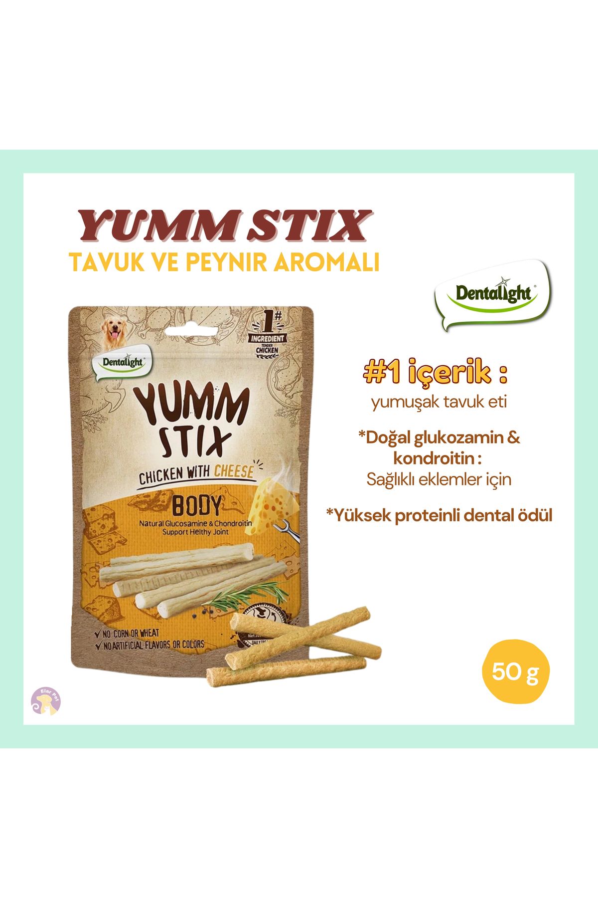 DENTALIGHT Yumm Stix Vücut Destekli Tavuk & Peynir Aromalı Köpek Ödül Çubuğu 50g