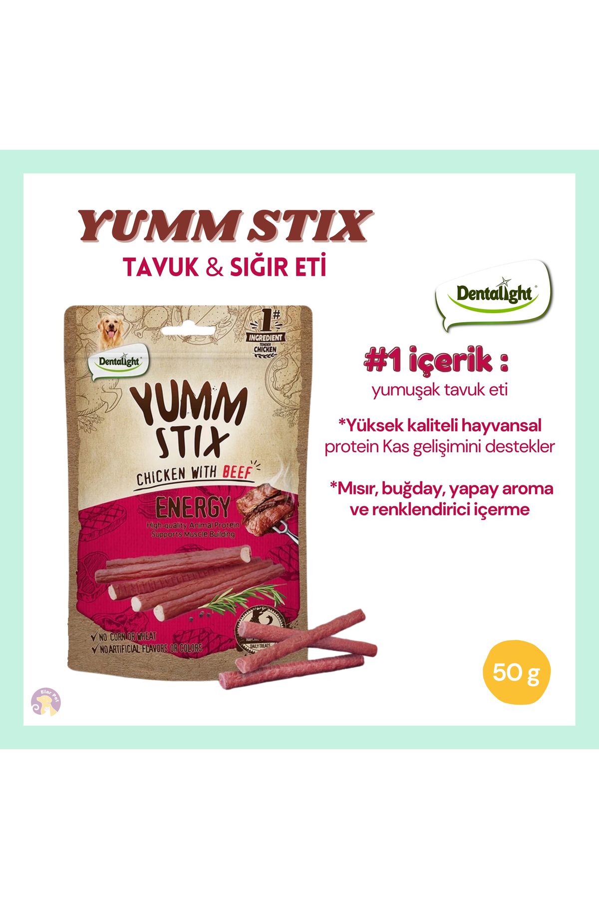 DENTALIGHT Yumm Stix Enerji Destekli Köpek Ödül Çubuğu – Tavuk & Dana Etli (50G)