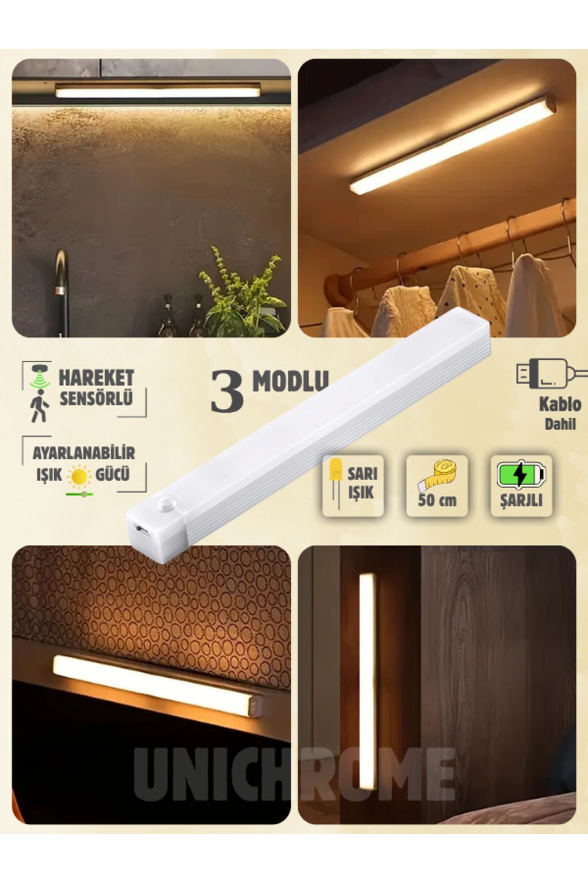 Folveit Hareket Sensörlü Tüp Ledli Şarjlı Sarı Led Auto Mod Dolap Içi, Koridor, Tezgah Altı 50cm
