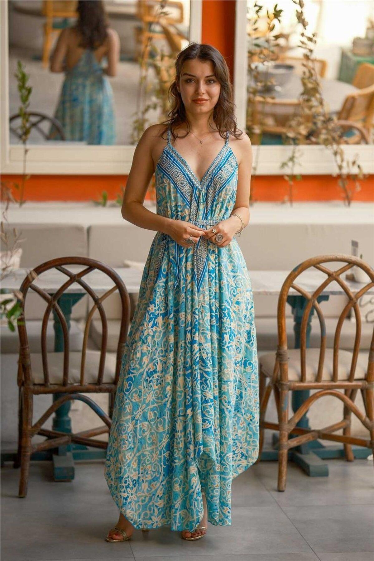 Miss Boheme Turkuaz Renk Askılı Gold Detaylı İpek Elbise
