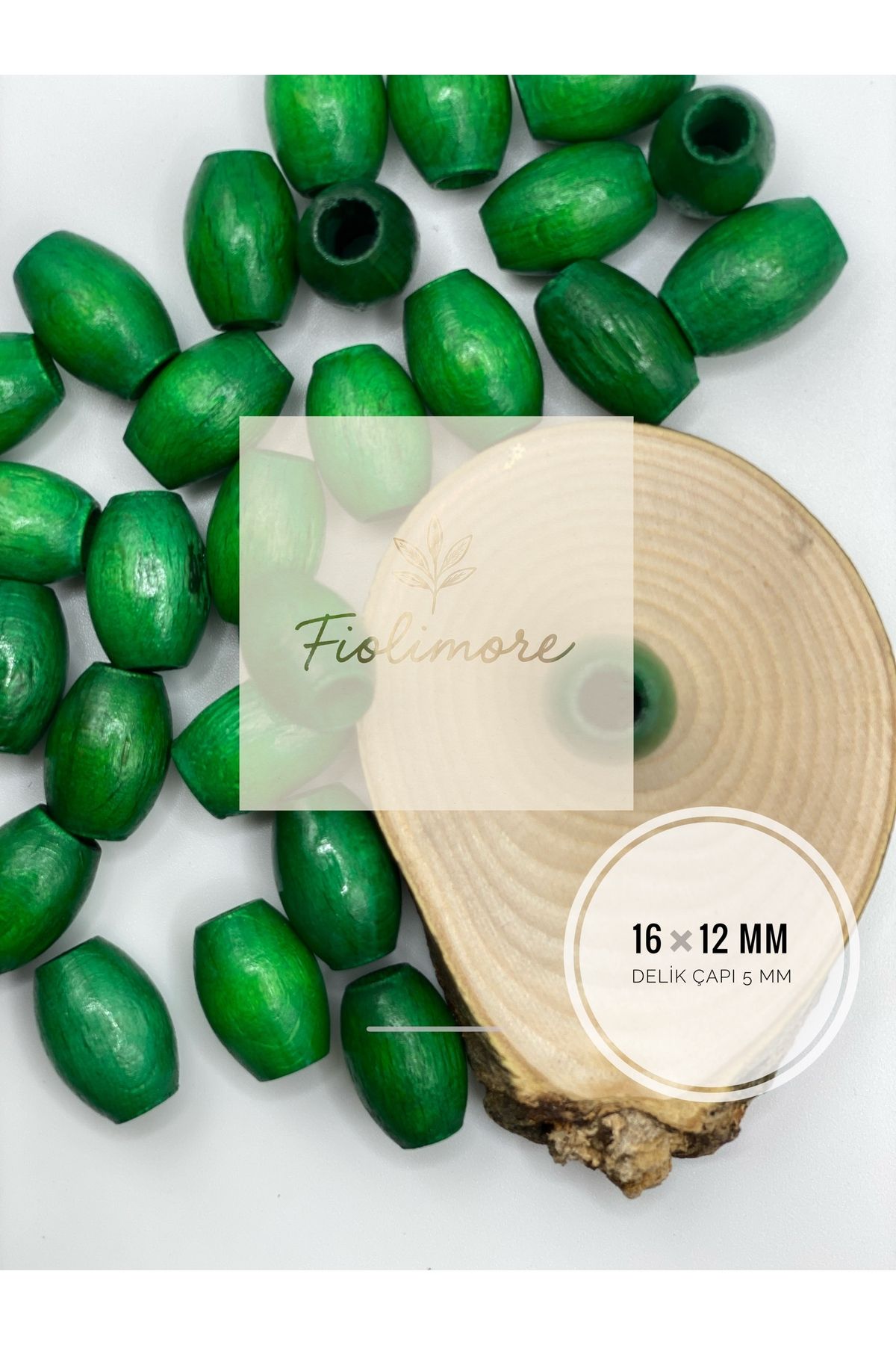 Fiolimore Oval Ahşap Renkli Yeşil Renk Boncuk 16x12 mm (50 Gram 75 Adet) Delik Çapı 5 mm Badem Tahta Boncuk