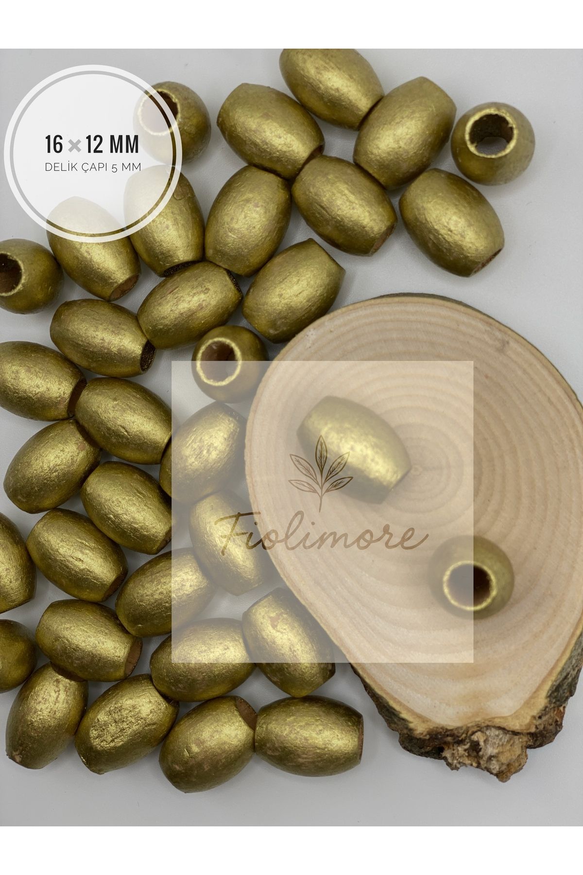 Fiolimore Oval Ahşap Renkli Altın Sarısı Boncuk 16x12 mm (50 Gram 75 Adet) Delik Çapı 5 mm Badem Tahta Boncuk