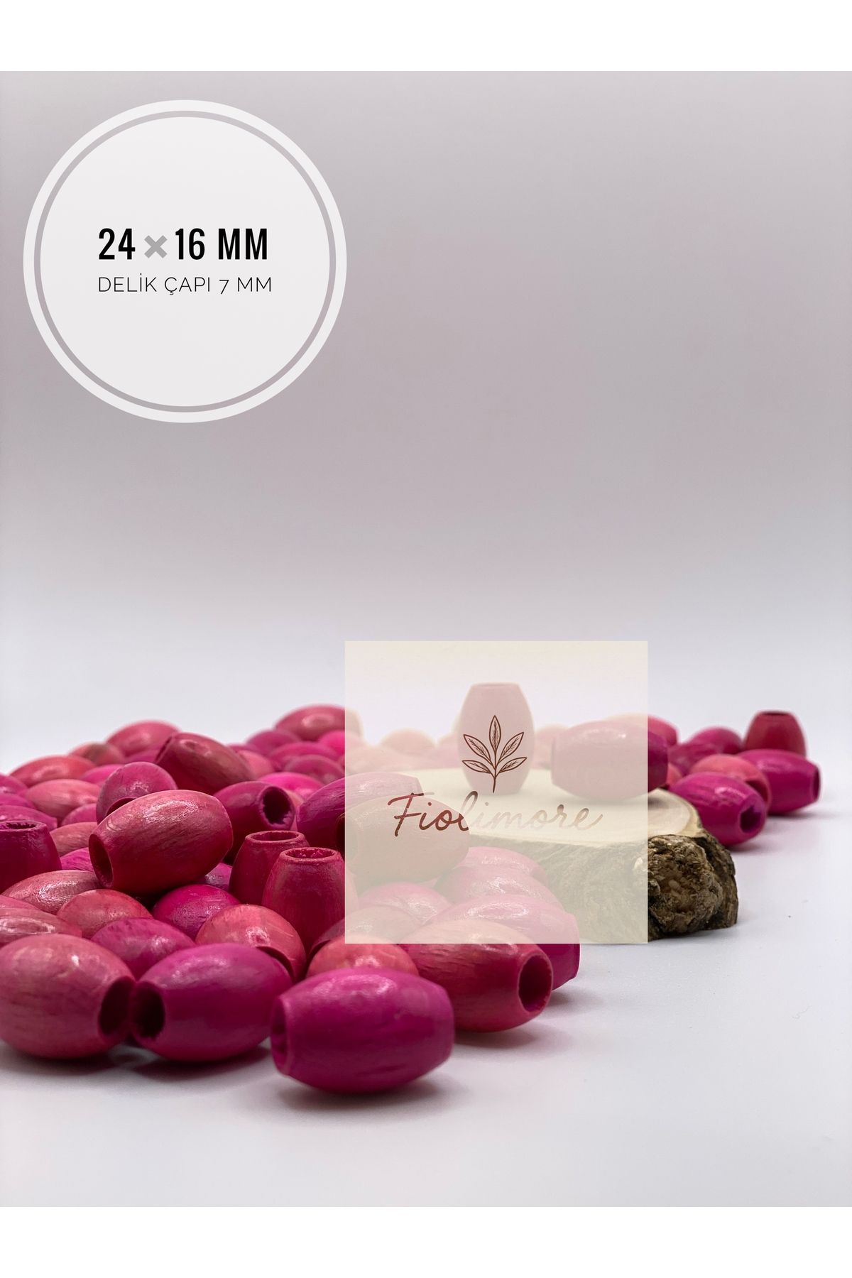 Fiolimore Oval Ahşap Renkli Fuşya Pembe Renk Boncuk 24x16 mm (50 Gram 25 Adet) Delik Çapı 7 mm Badem Tahta