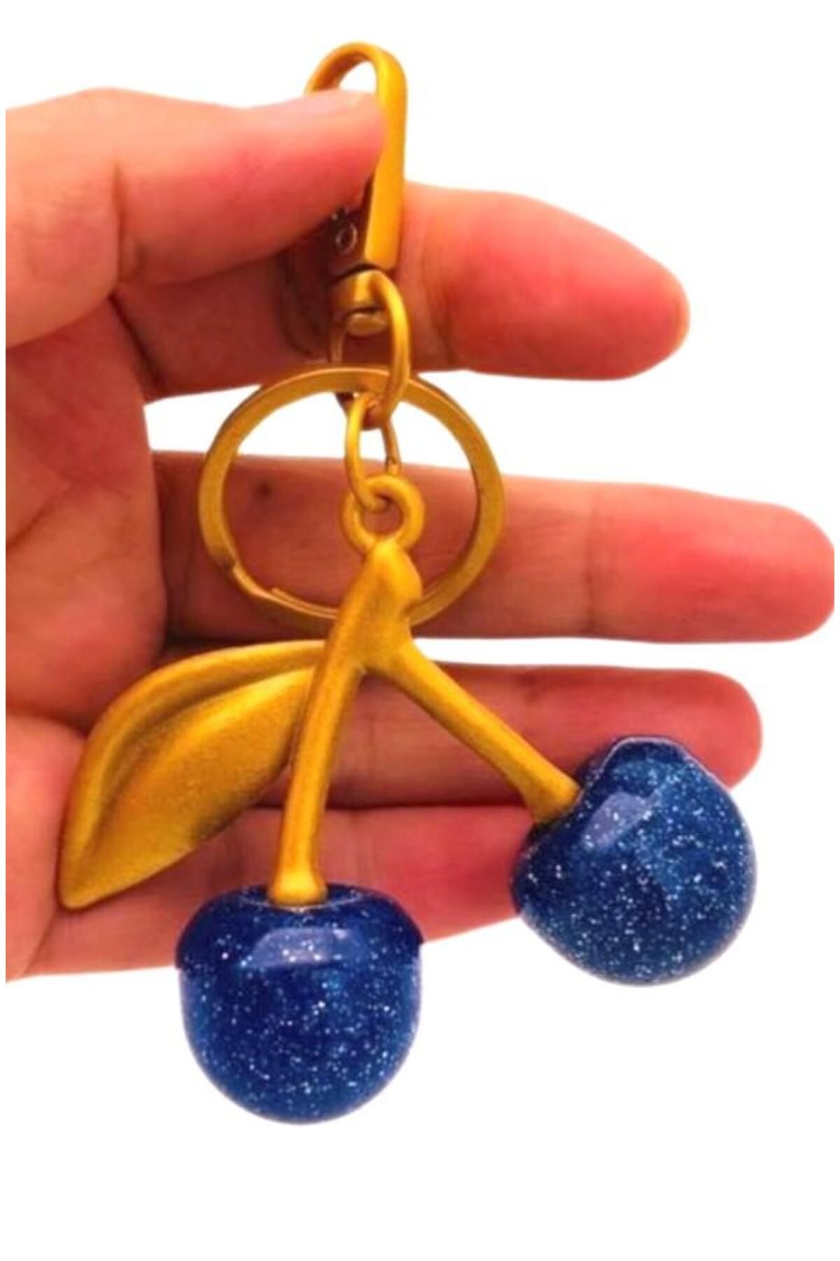angel çanta aksesuar-Angel Bag Accessory Blue Glitter Cherry Keychain, Bag Ornament Antique-Gold Metallic 2