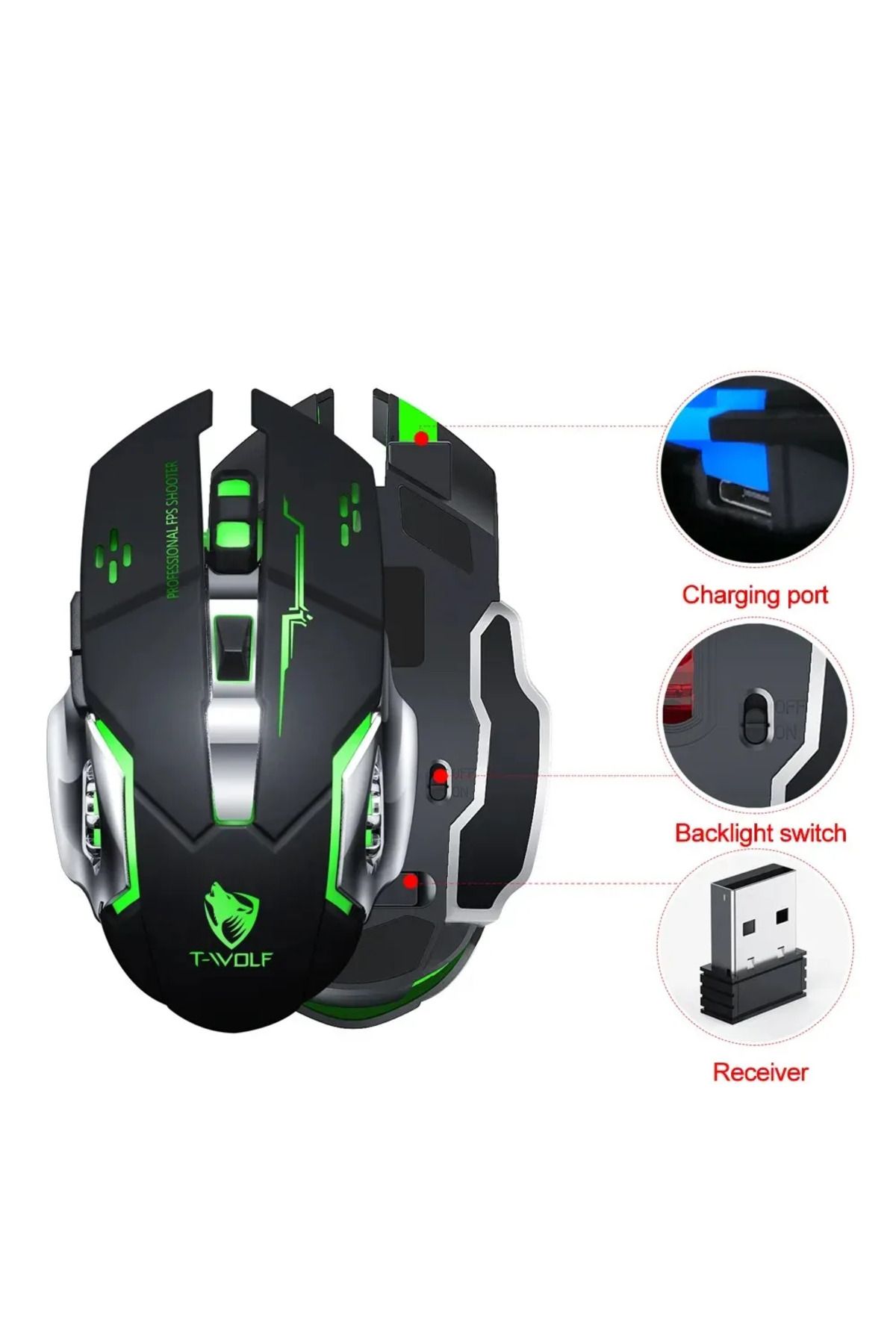 ABYZ-Q13 Wireless Mouse - Silent Multi-Device 6 Programmable Buttons RGB, 2.4GHz DPI 1600 Ergonomic Black 6