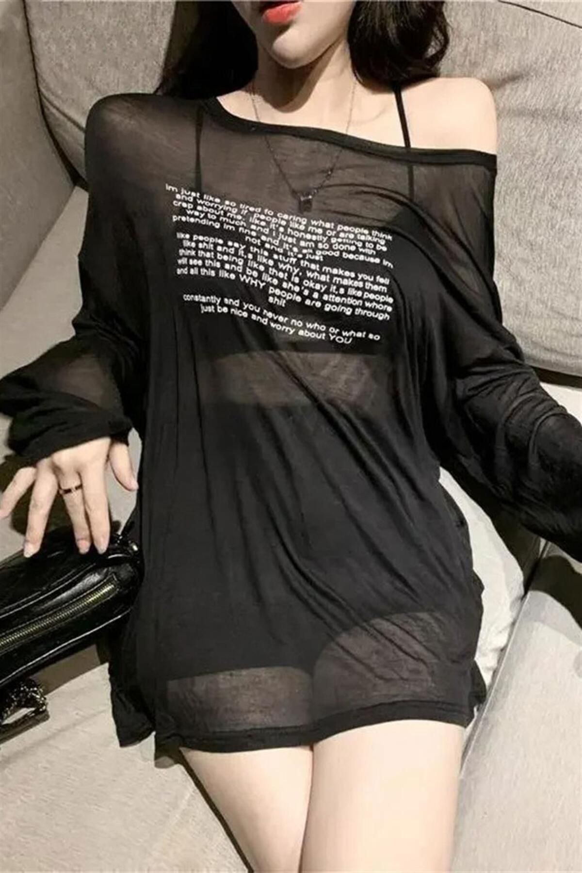 Karakedi Siyah Salaş Transparan Düşük Omuz Uzun Kol T-shirt