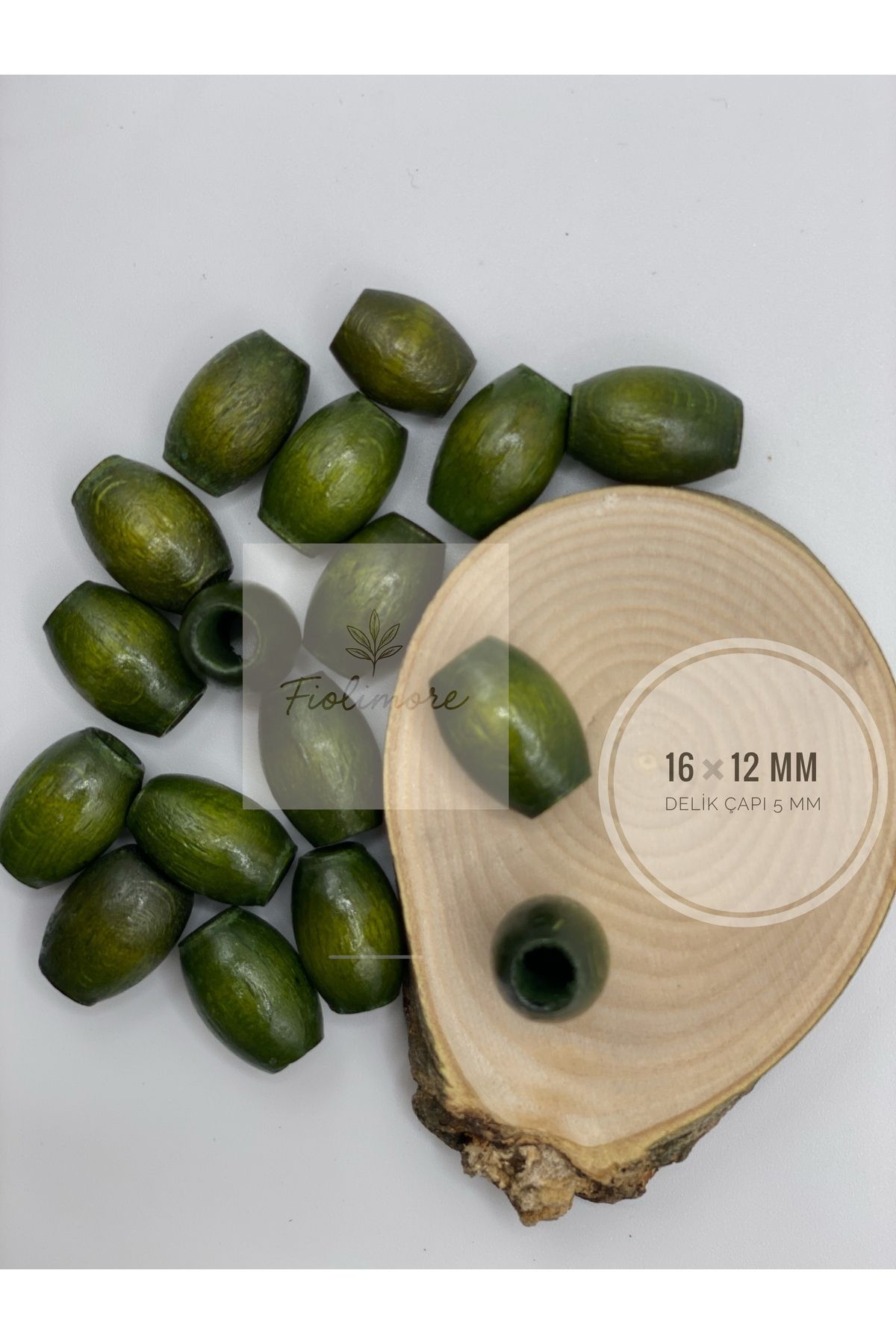 Fiolimore Oval Ahşap Renkli Haki Yeşili Boncuk 16x12 mm (50 Gram 75 Adet) Delik Çapı 5 mm Badem Tahta Boncuk