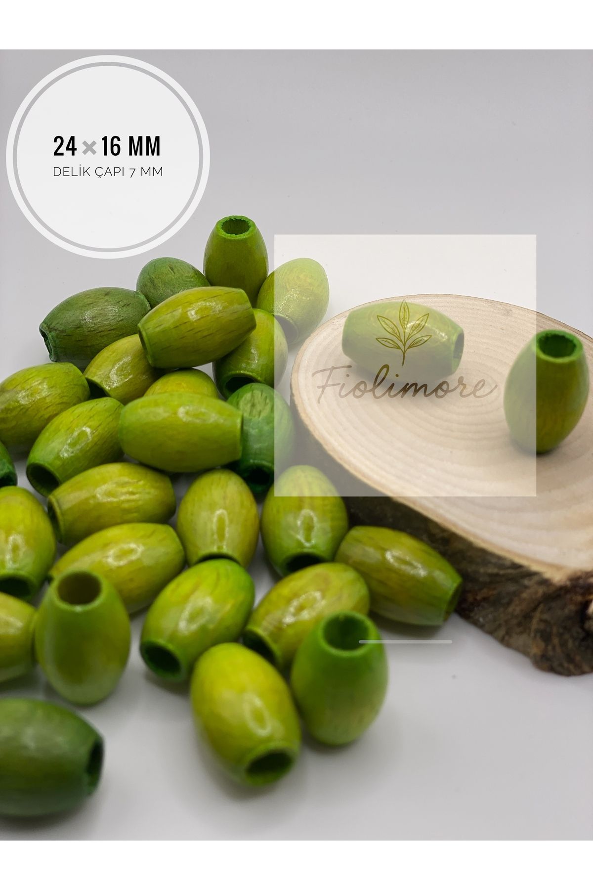 Fiolimore Oval Ahşap Renkli Fıstık Yeşili Boncuk 24x16 mm (50 Gram 25 Adet) Delik Çapı 7 mm Badem Tahta Boncuk