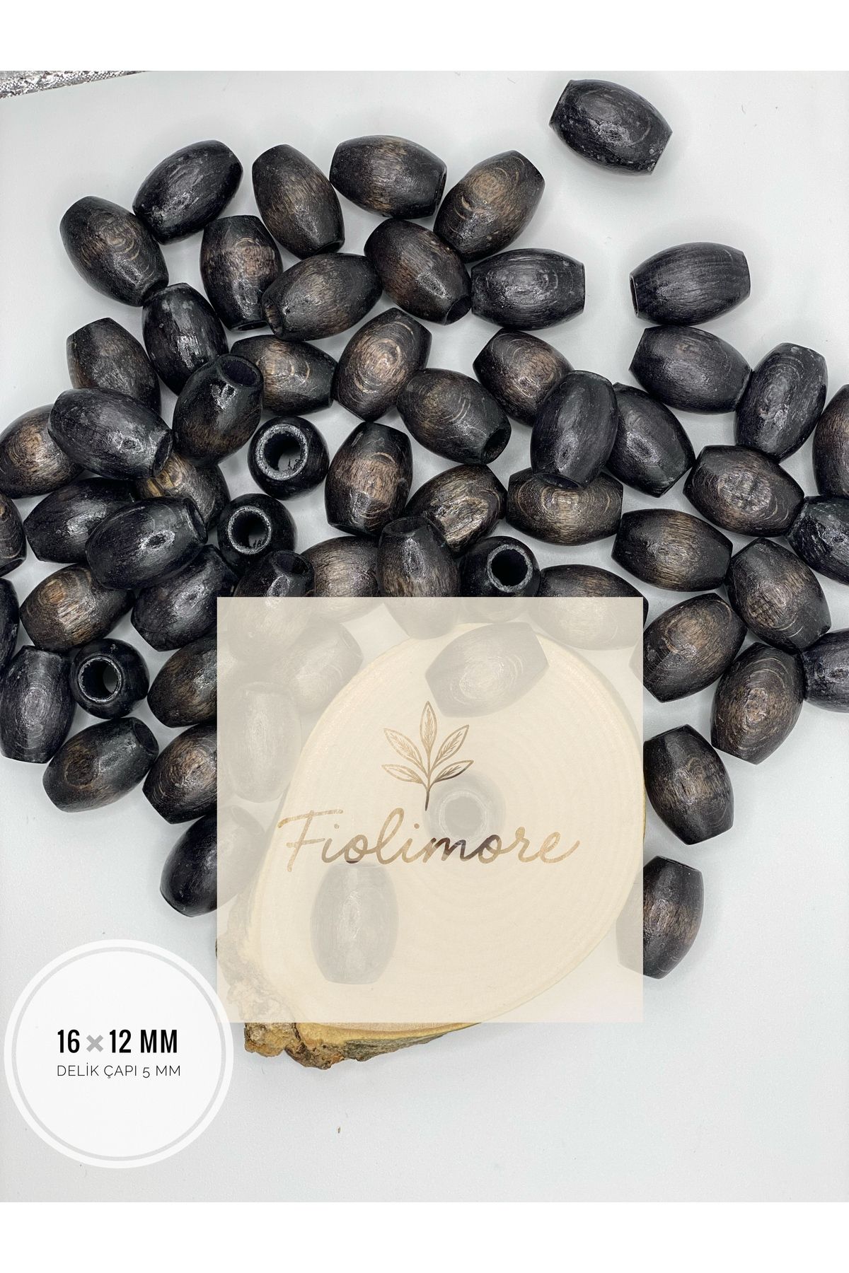 Fiolimore Oval Ahşap Renkli Kırçıllı Siyah Boncuk 16x12 mm (50 Gram 75 Adet) Delik Çapı 5 mm Badem Boncuk