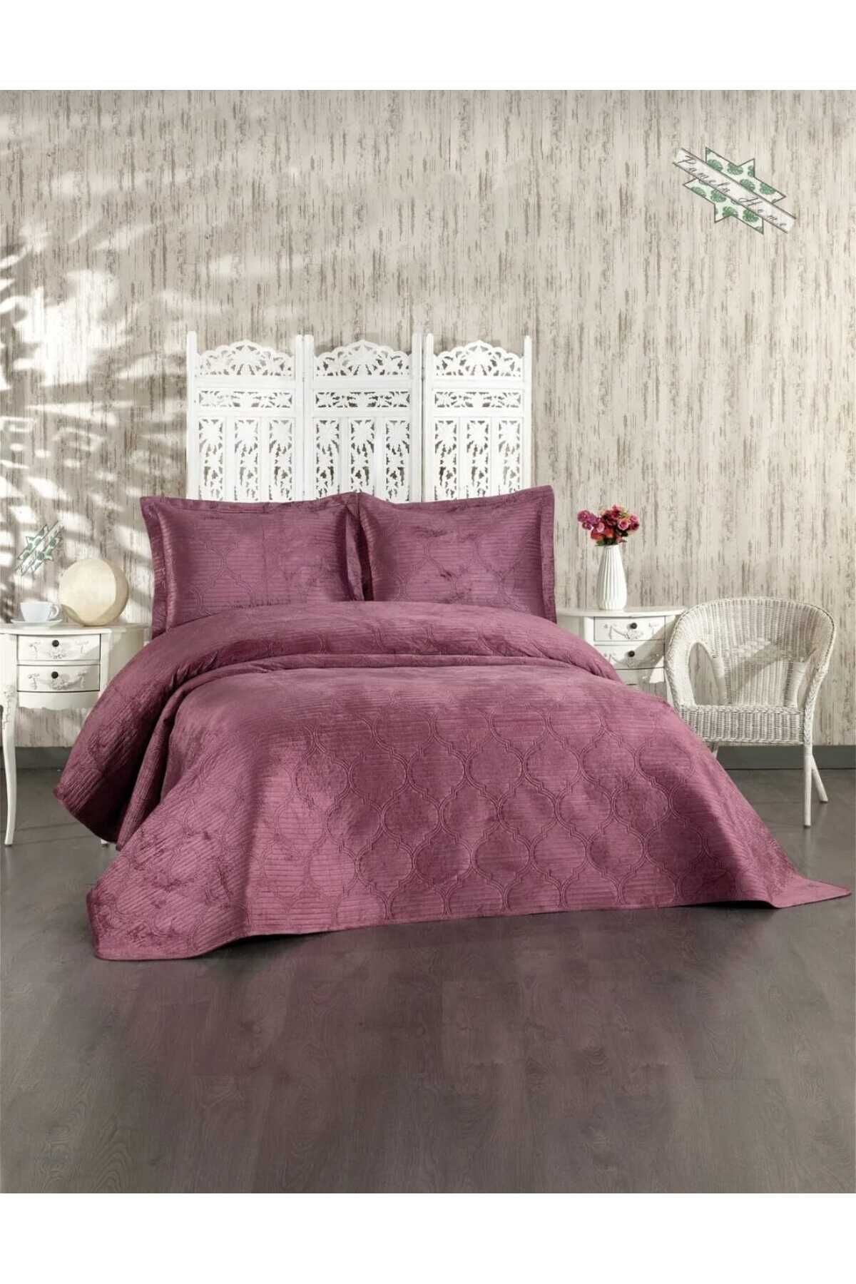 Evcimenhome Çift Kişilik Kadife Yatak Örtüsü Ultrasonik Kapitone 260cmX240cm renk: mürdüm rengi