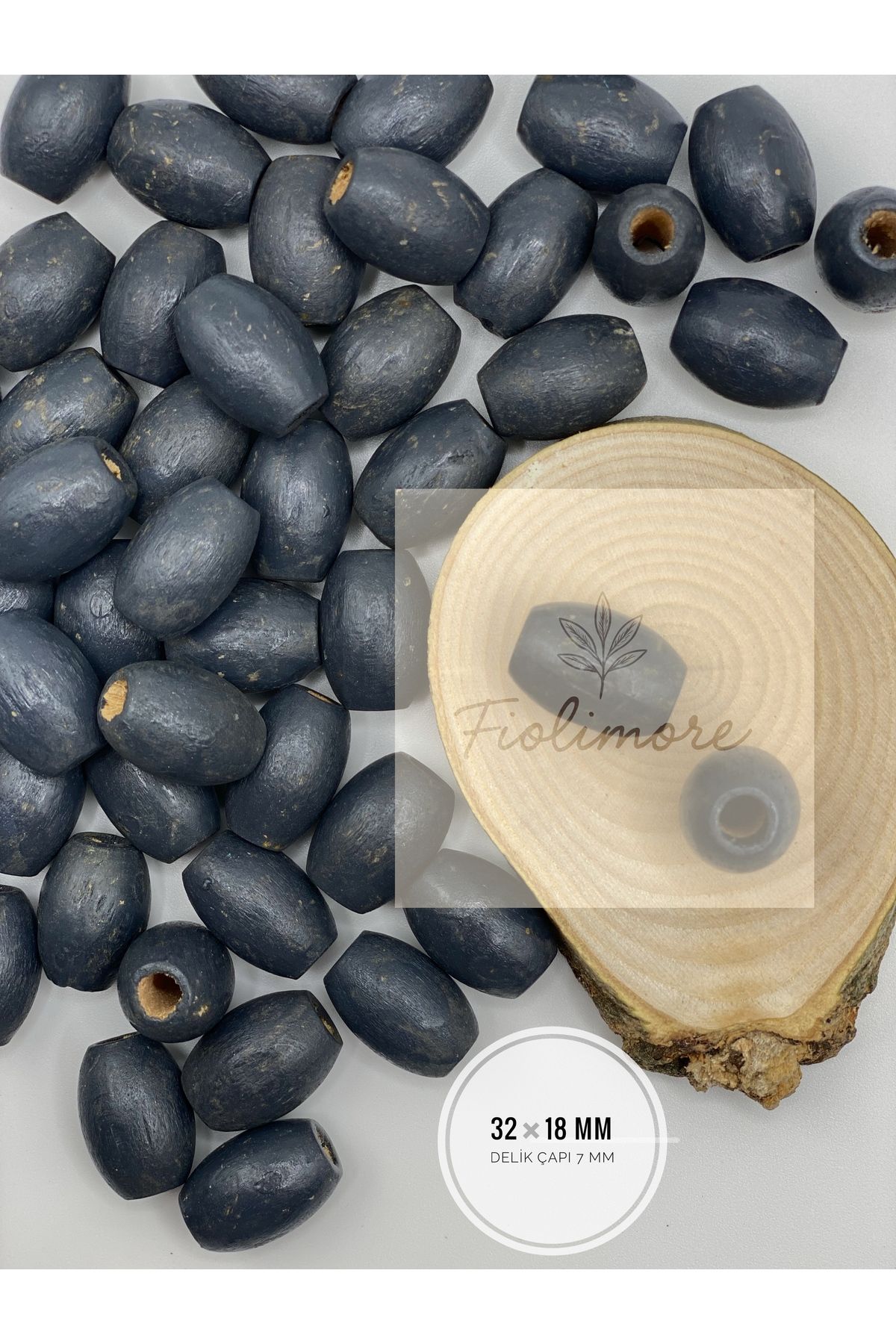 Fiolimore Oval Ahşap Renkli Antrasit Boncuk 32x18 mm (50 Gram 15 Adet) Delik Çapı 7 mm Badem Tahta Boncuk