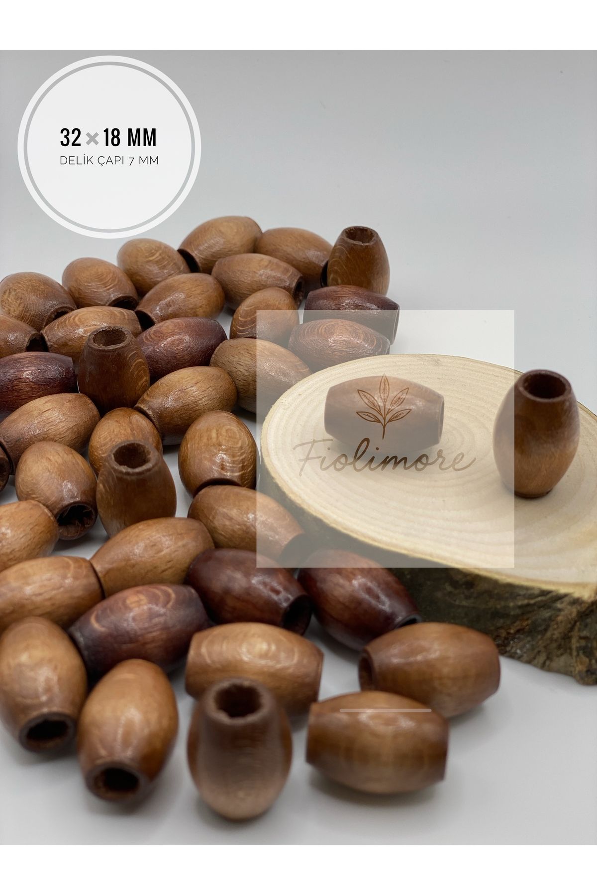 Fiolimore Oval Ahşap Renkli Kahverengi Boncuk 32x18 mm (50 Gram 15 Adet) Delik Çapı 7 mm Badem Tahta Boncuk