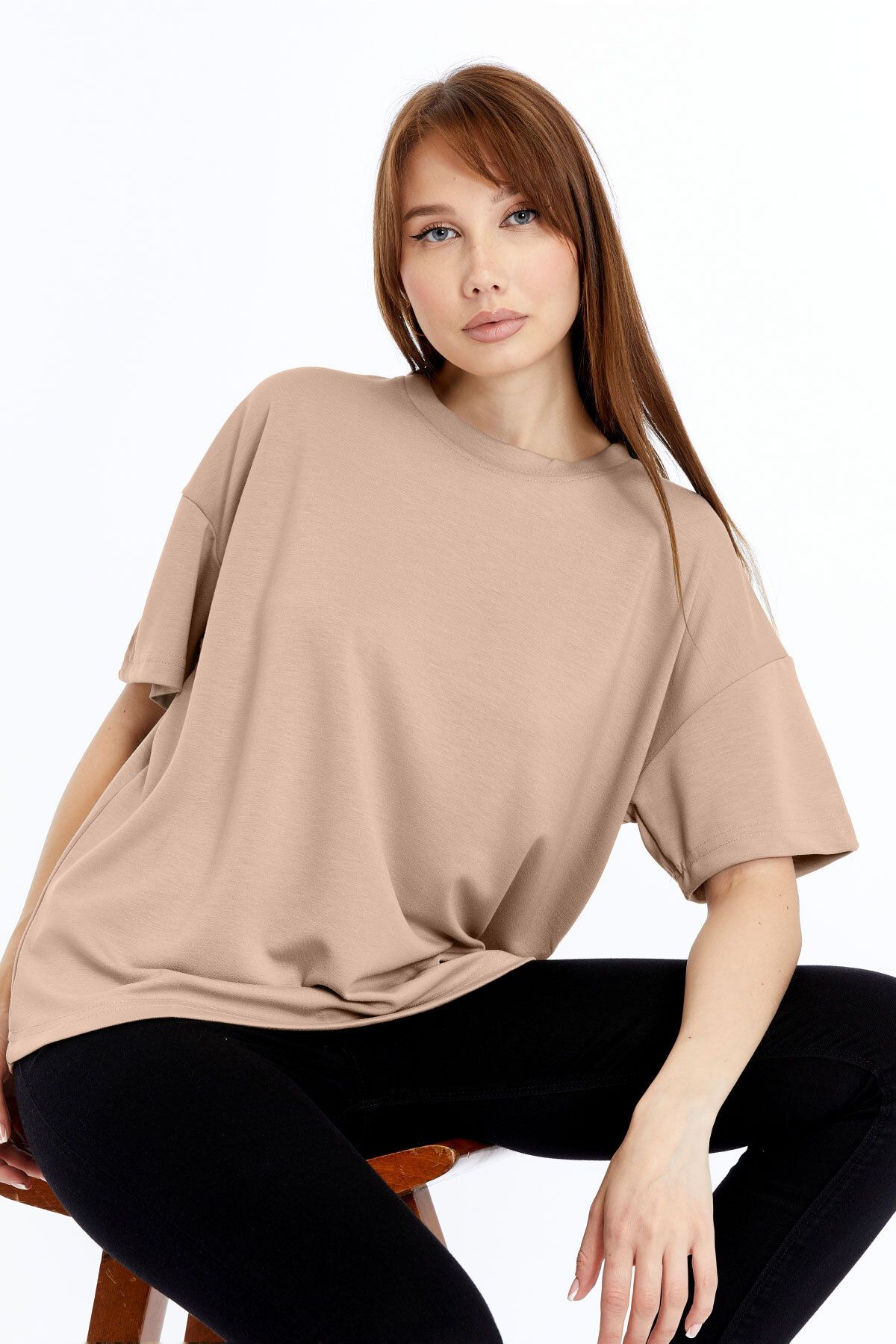 KRAVEN Kadın Modal Tişört Oversize Rahat Bol Kalıp T-Shirt Ağır Kumaş Kolay Kırışmaz Ütü Gerektirmeyen