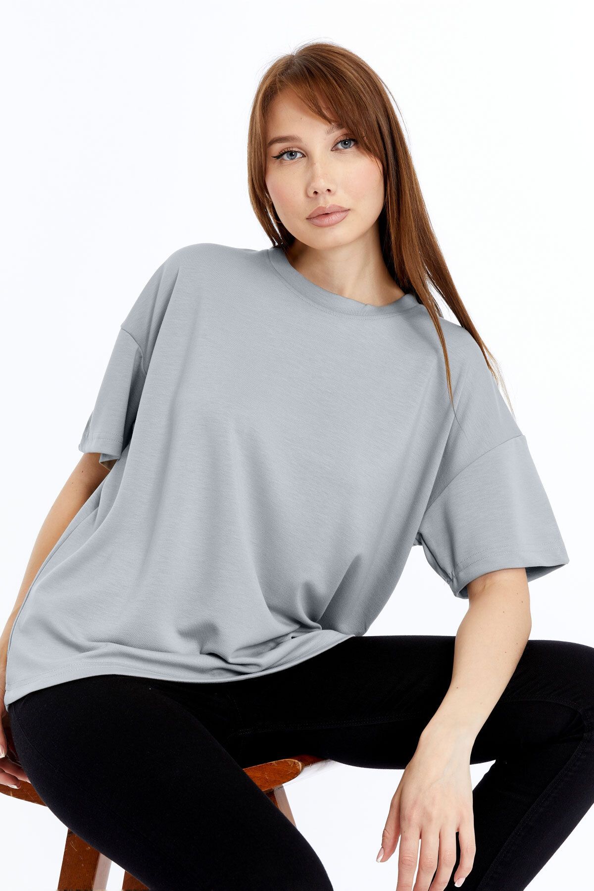 KRAVEN Kadın Modal Tişört Oversize Rahat Bol Kalıp T-Shirt Ağır Kumaş Kolay Kırışmaz Ütü Gerektirmeyen