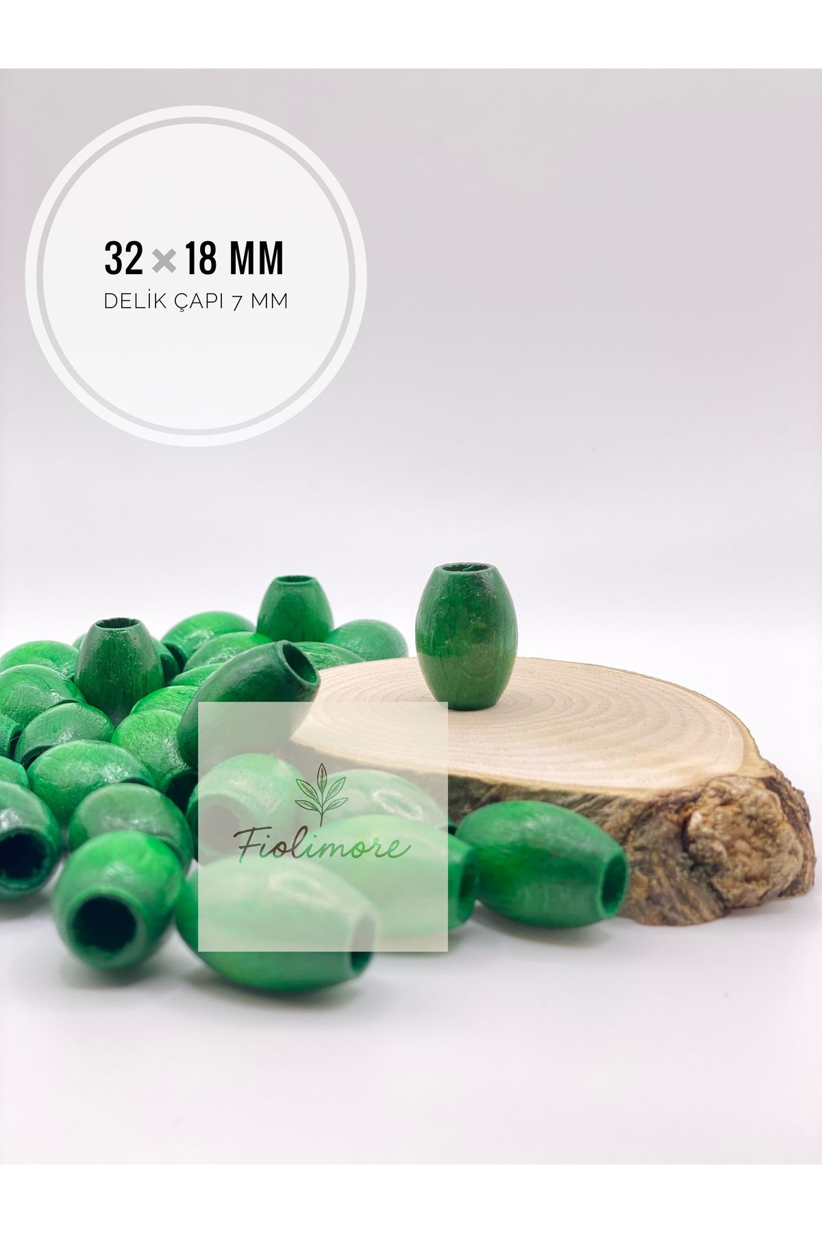 Fiolimore Oval Ahşap Renkli Yeşil Renk Boncuk 32x18 mm (50 Gram 15 Adet) Delik Çapı 7 mm Badem Tahta Boncuk