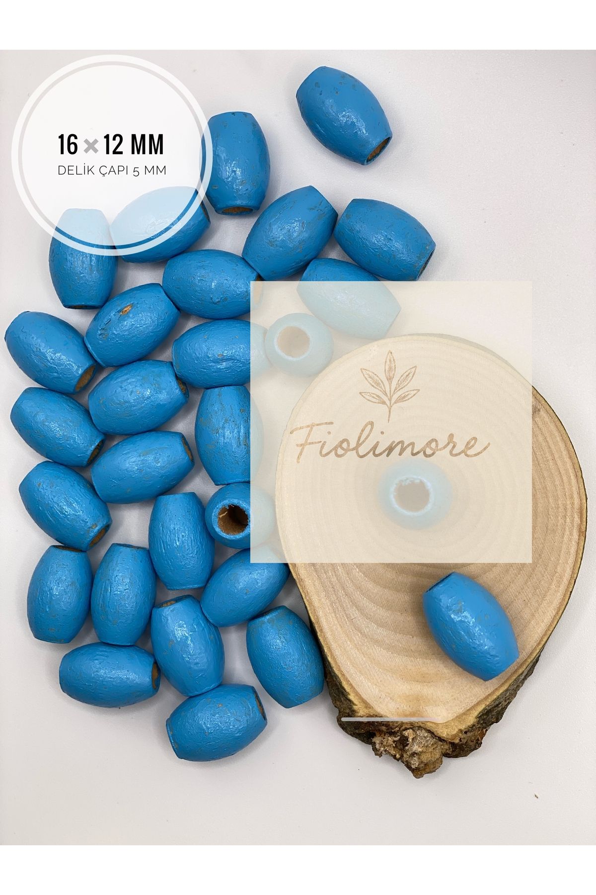 Fiolimore Oval Ahşap Renkli Mavi Rengi Boncuk 16x12 mm (50 Gram 75 Adet) Delik Çapı 5 mm Badem Tahta Boncuk