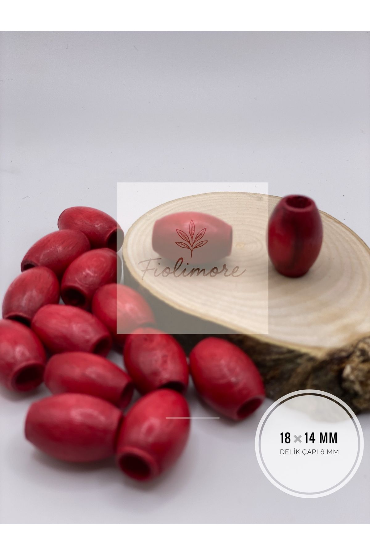 Fiolimore Oval Ahşap Renkli Kırmızı Boncuk 18x14 mm (50 Gram 40 Adet) Delik Çapı 6 mm Badem Tahta Boncuk