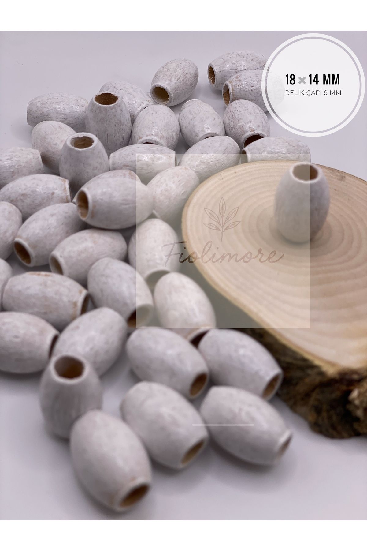 Fiolimore Oval Ahşap Renkli Beyaz Rengi Boncuk 18x14 mm (50 Gram 40 Adet) Delik Çapı 6 mm Badem Tahta Boncuk