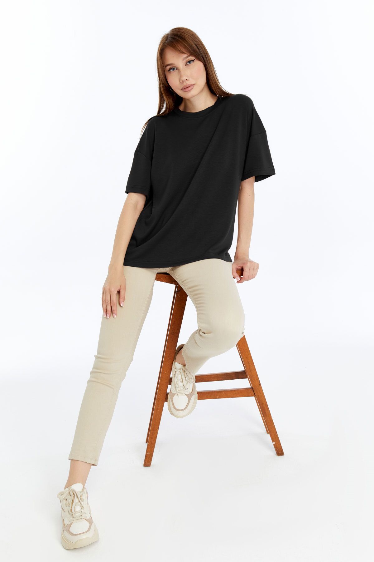 KRAVEN Kadın Modal Tişört Oversize Rahat Bol Kalıp T-Shirt Ağır Kumaş Kolay Kırışmaz Ütü Gerektirmeyen