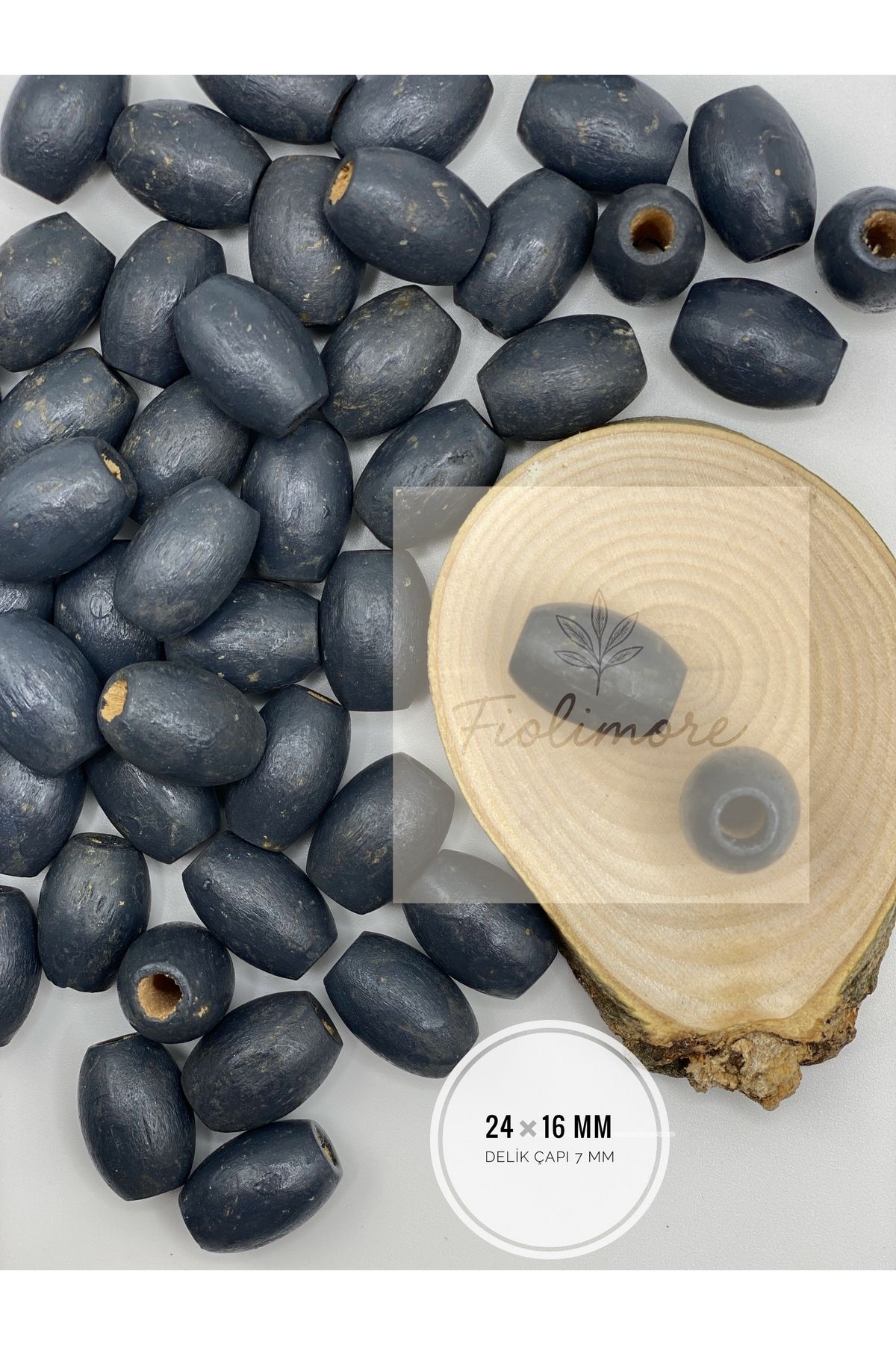 Fiolimore Oval Ahşap Renkli Antrasit Boncuk 24x16 mm (50 Gram 25 Adet) Delik Çapı 7 mm Badem Tahta Boncuk