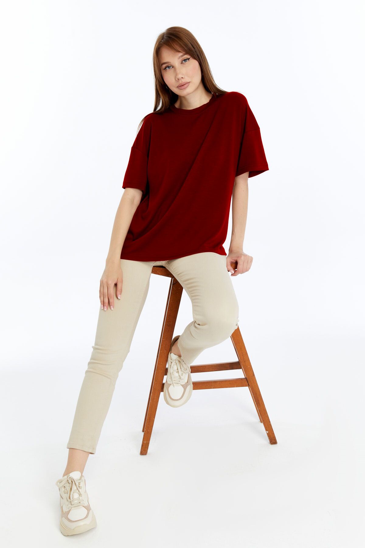 KRAVEN Kadın Modal Tişört Oversize Rahat Bol Kalıp T-Shirt Ağır Kumaş Kolay Kırışmaz Ütü Gerektirmeyen