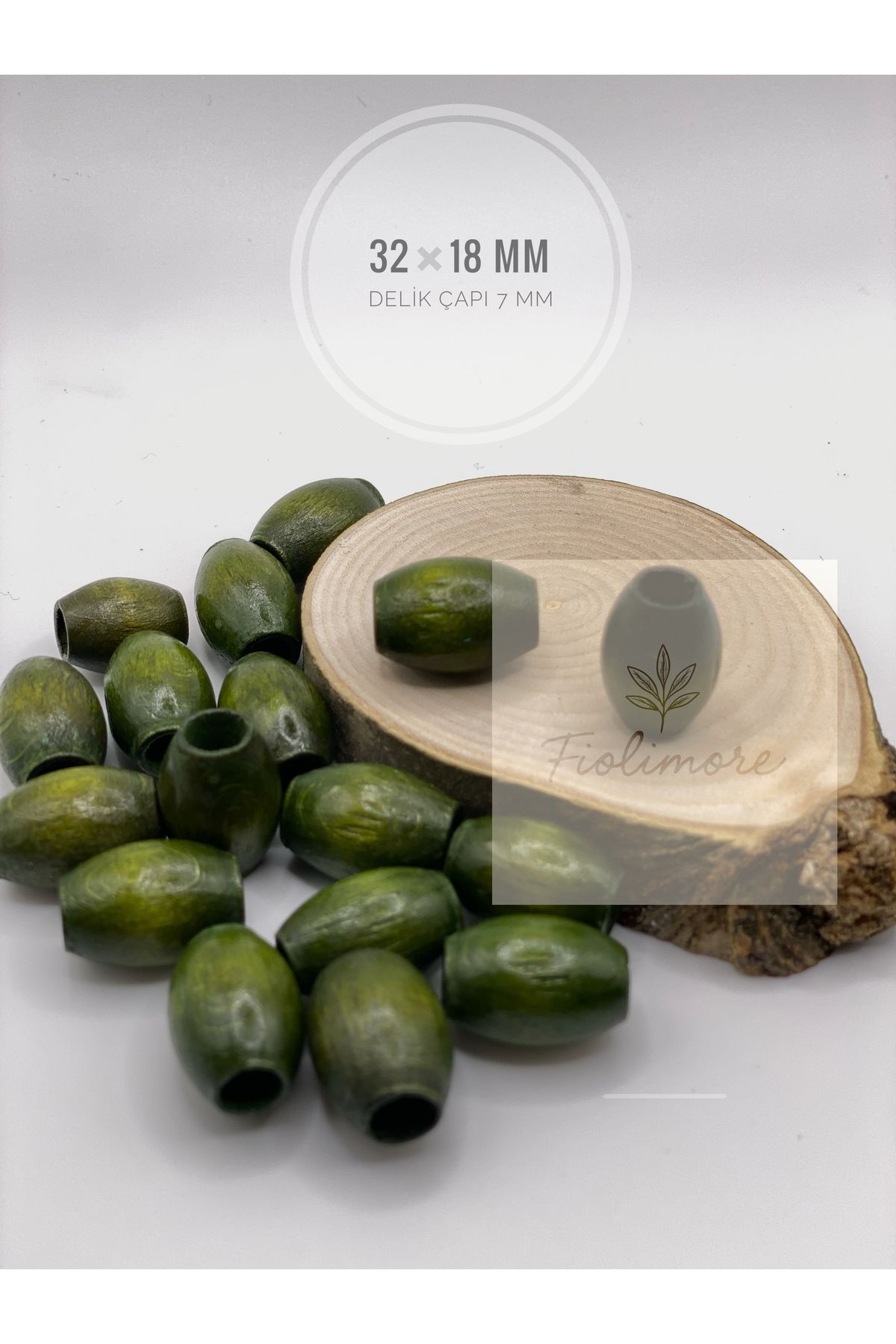 Fiolimore Oval Ahşap Renkli Haki Yeşili Boncuk 32x18 mm (50 Gram 40 Adet) Delik Çapı 7 mm Badem Tahta Boncuk