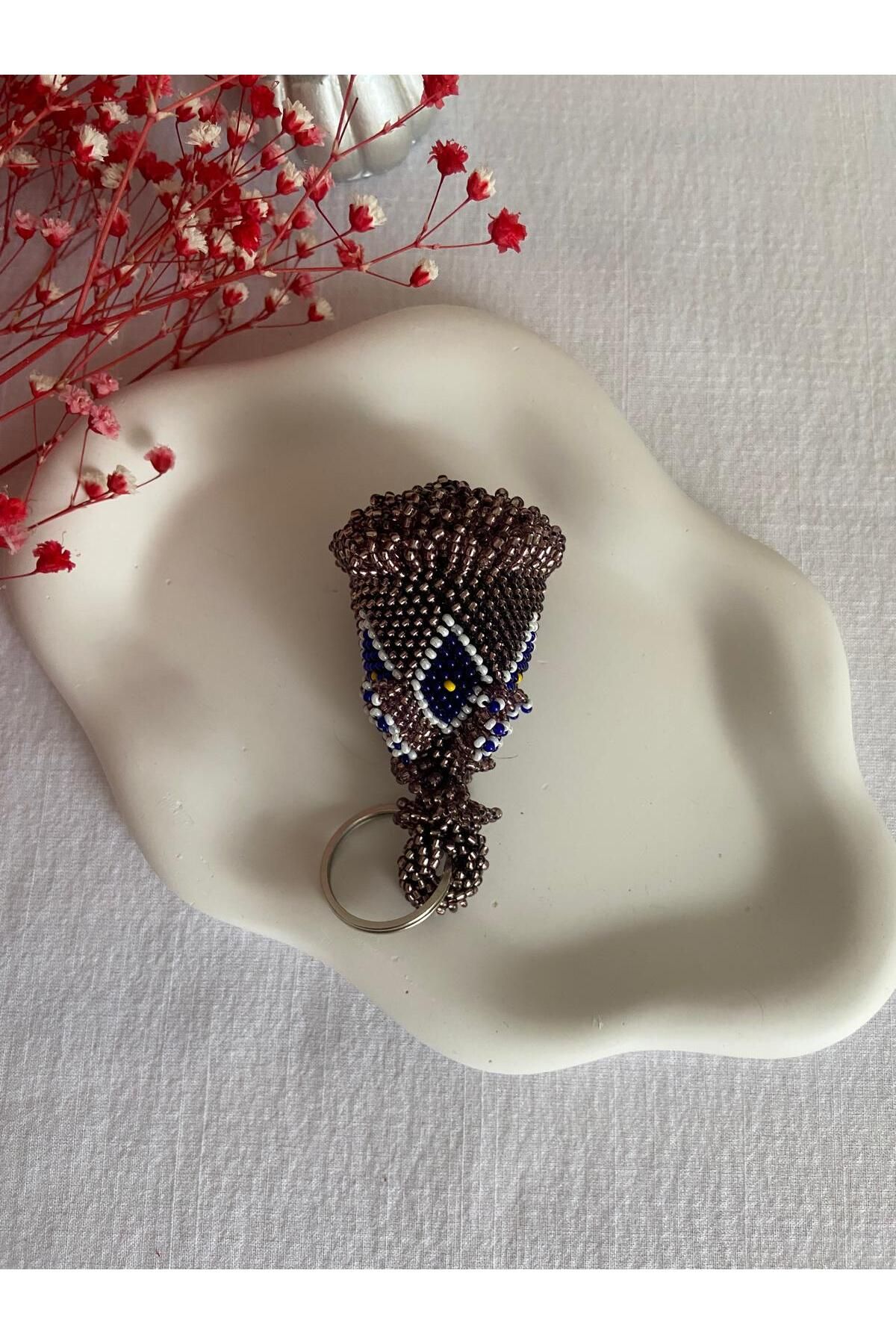 Handmade KUM BONCUK EL İŞİ CAM KAHVE RENGİ BÜYÜK BOY GÜL ANAHTARLIK