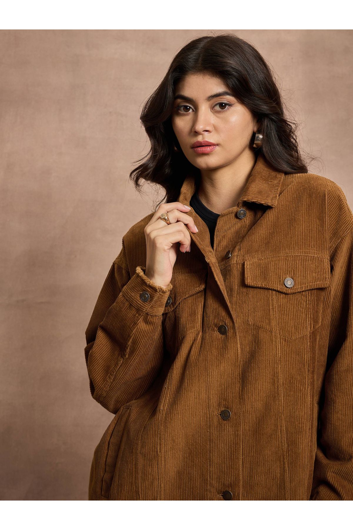 Sassafras By Styli-Textured Corduroy Oversized Shacket with Pockets 4