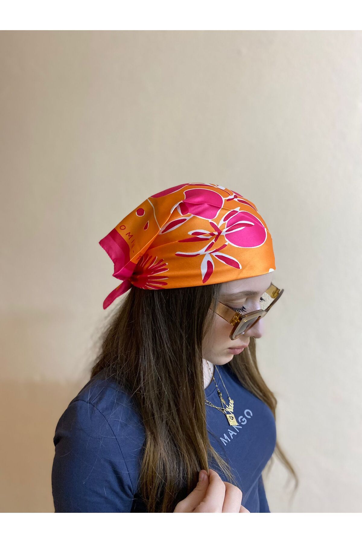 sema aksesuar Kadın Turuncu Kuş Ve Tropikal Temalı Fular - Bandana