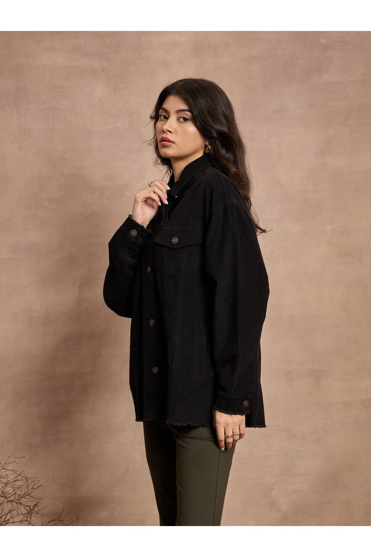 Sassafras By Styli-Textured Corduroy Oversized Shacket with Pockets 3