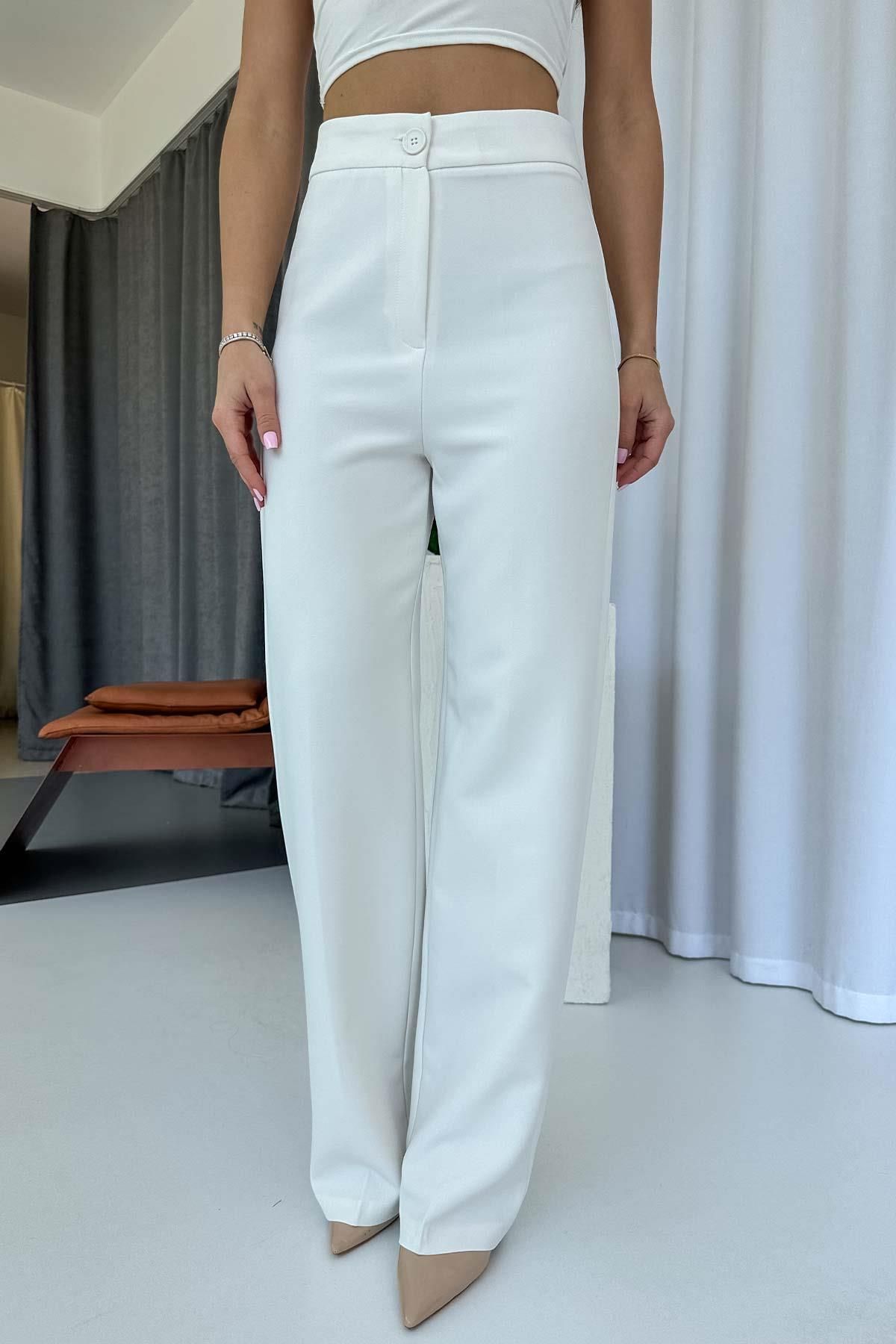Mine Tan Butik Yüksek Bel Dökümlü Palazzo Pantolon - Beyaz